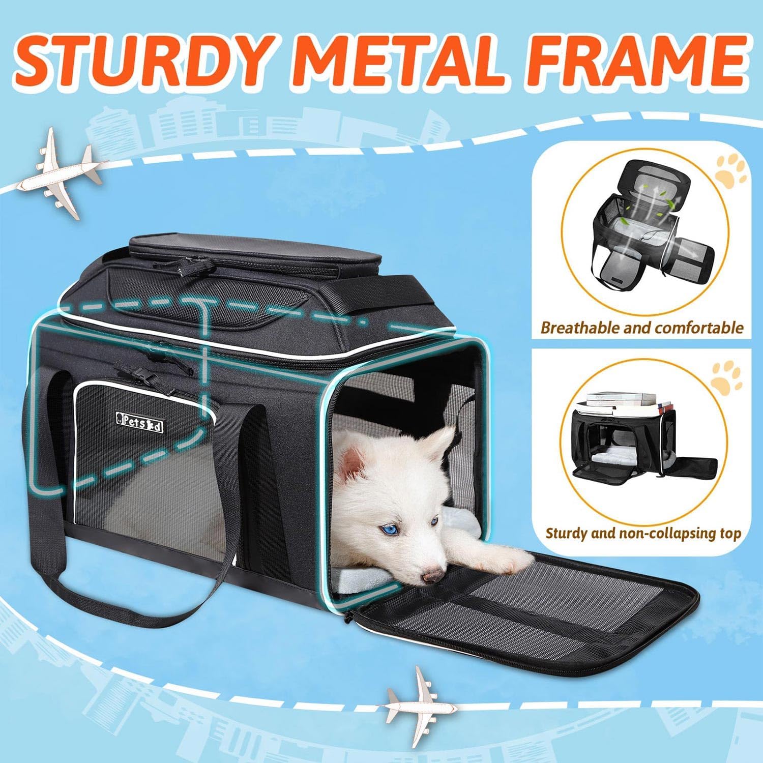 Petskd Transportador de mascotas extensible superior de 17 x 12 x 8.5 pulgadas, aprobado por aerolíneas JetBlue Allegiant Spirit, portador de lados