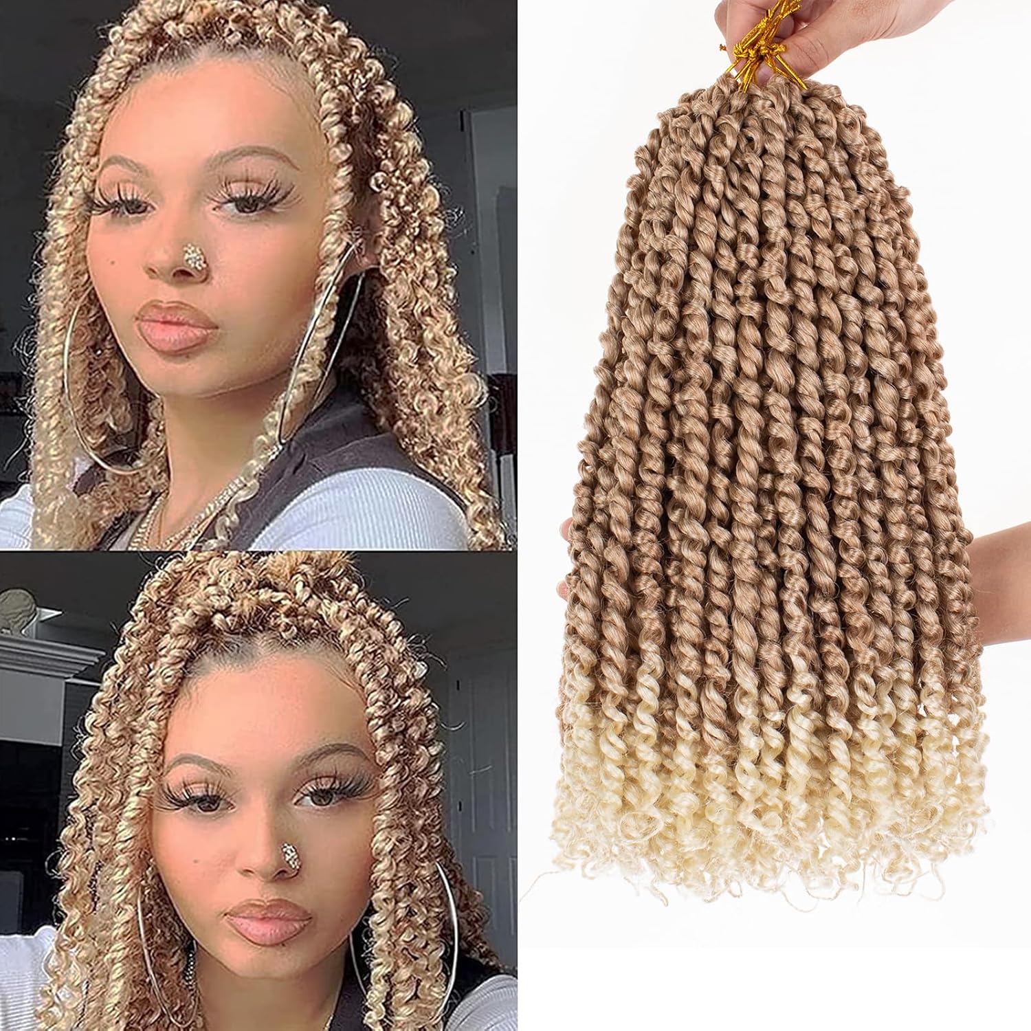 Leeven Cabello rubio degradado de 14 pulgadas, pretrenzado y trenzado de pasión, 8 paquetes de extensiones de cabello sintético bohemio para mujeres