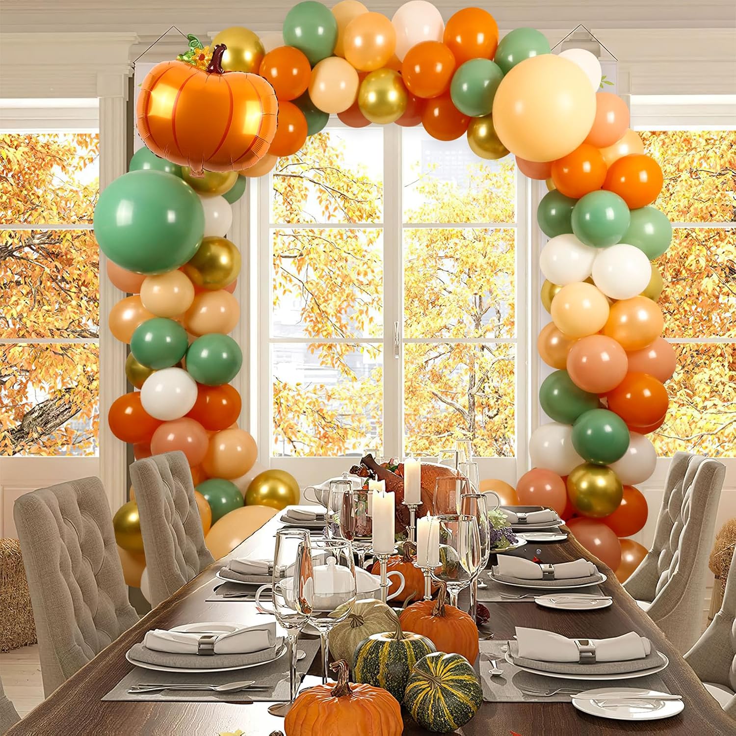 Kit de guirnalda de arco de globos de otoño, 18 pulgadas, 10 pulgadas, 5 pulgadas, retro, verde, naranja quemado, dorado, decoraciones de otoño para
