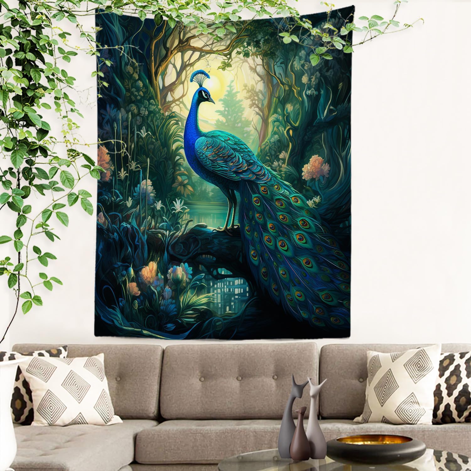 Batmerry Tapiz turquesa pavo real, hojas verdes, torre de templo natural, arte de pared, decoración para colgar, fibra de poliéster, blanco con