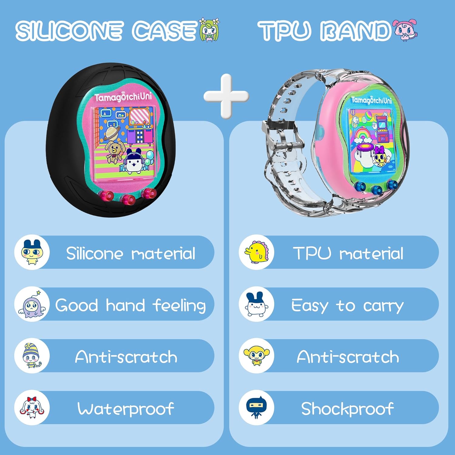 Paquete de 2 fundas para Tamagotchi Uni, funda de silicona + funda protectora de TPU para Tamagotchi Uni Interactive Virtual Pet Game Machine (negro