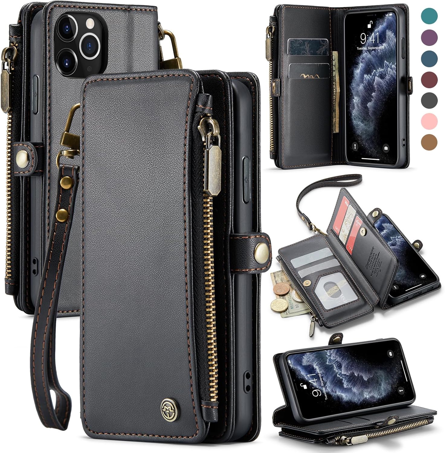 Defencase Funda para iPhone 11 Pro, bloqueo RFID para iPhone 11 Pro, funda tipo cartera para mujeres y hombres con soporte para tarjetas, cierre