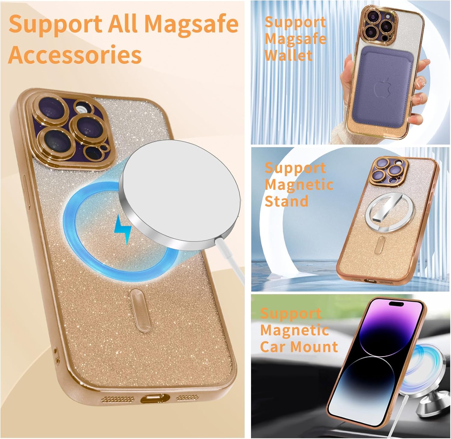 TURYXIA Funda magnética con purpurina para iPhone 15 Pro Max compatible con MagSafe, con protector de lente de cámara y correa de cordón, bonita