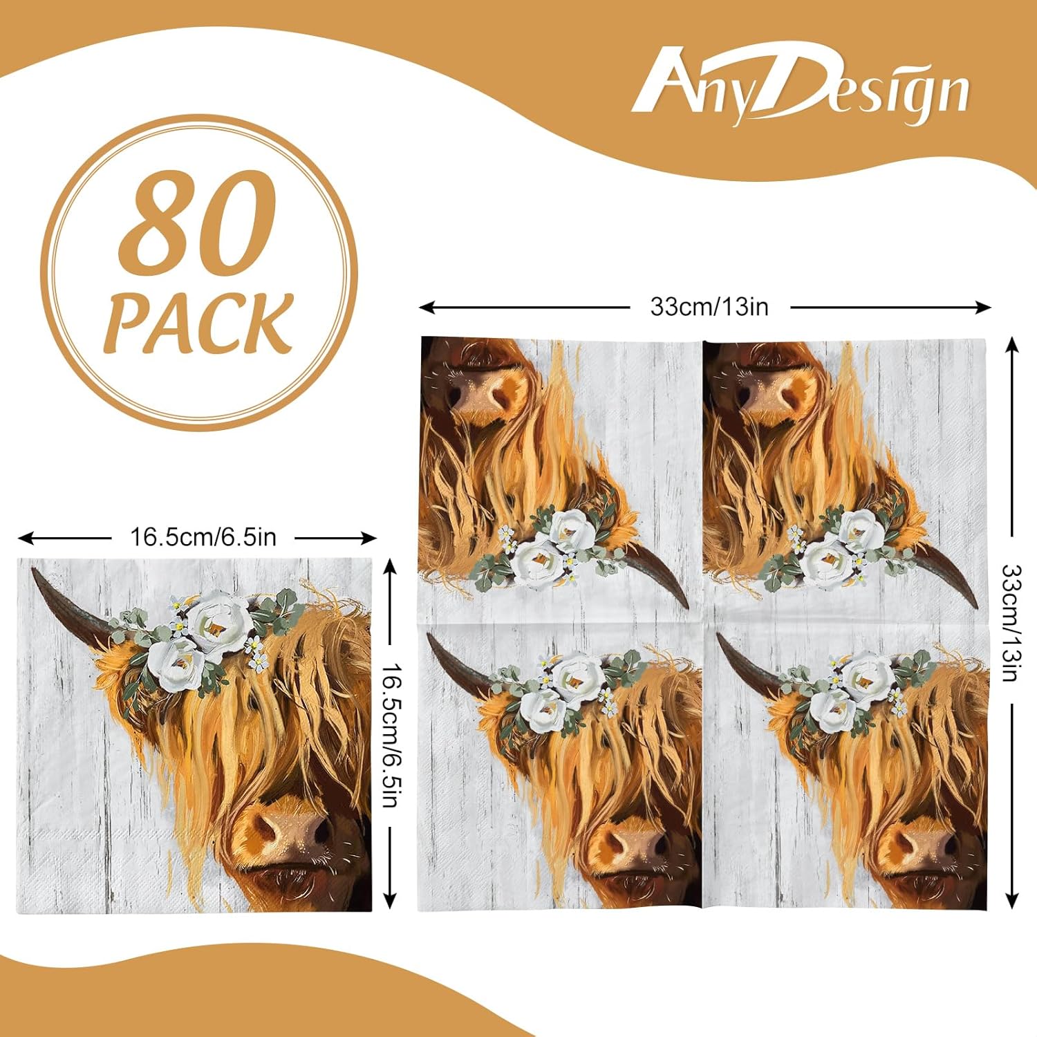 AnyDesign 80 servilletas de papel de vaca de las tierras altas, servilletas de almuerzo de vacas rústicas, servilletas de mano para el hogar,