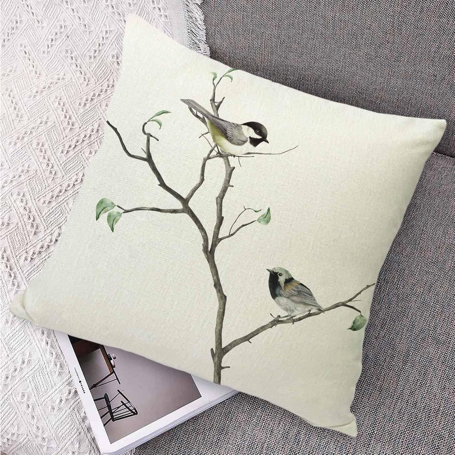 Fundas de almohada decorativas de lino de 18 x 18 pulgadas con diseño de pájaros en el árbol, funda de cojín para decoración de granja