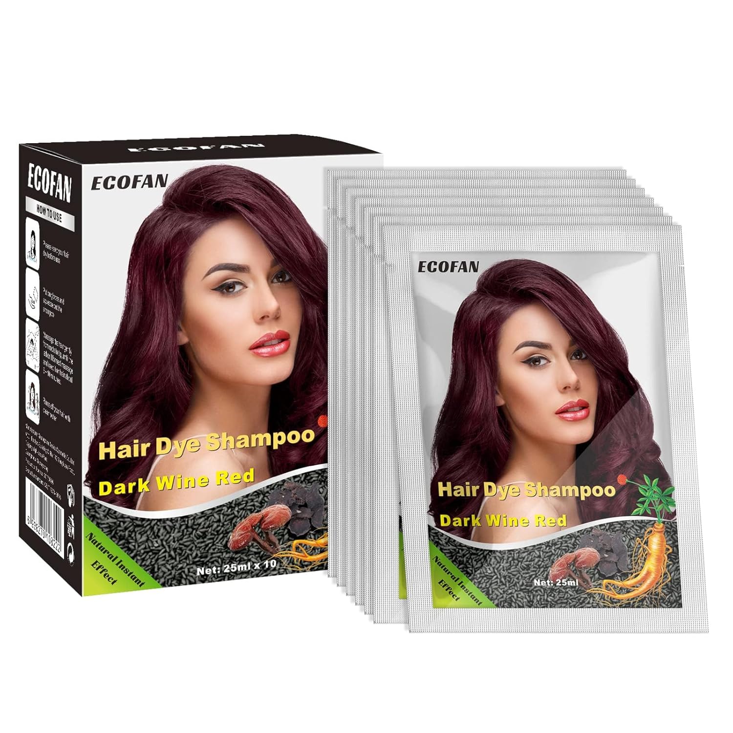 10 unidades de champú de tinte para el cabello de vino tinto oscuro 3 en 1, champú de color natural para el cabello, tinte instantáneo