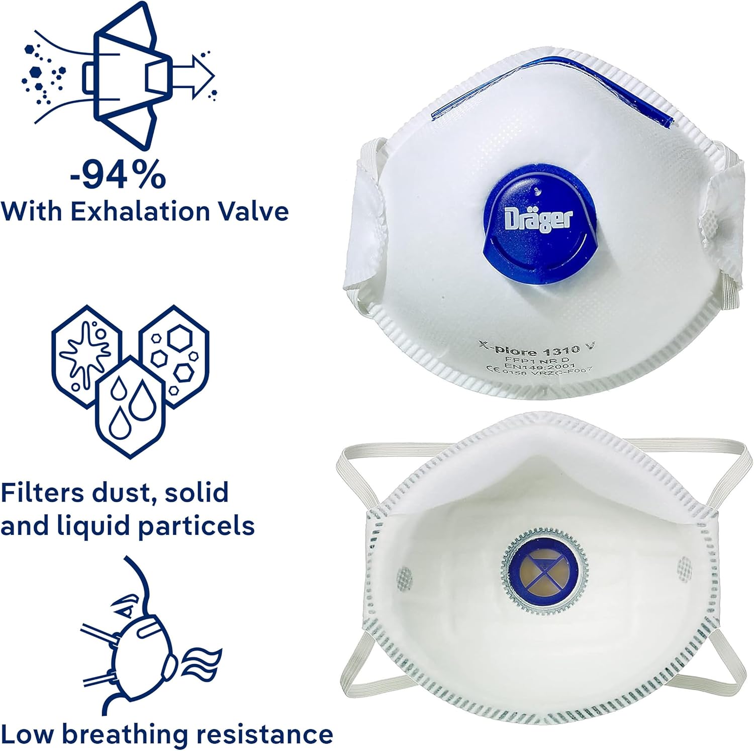 Dräger X-plore 1350 – Respirador de partículas con válvula de exhalación, paquete de 10, tamaño ML, máscara antipolvo con certificación NIOSH