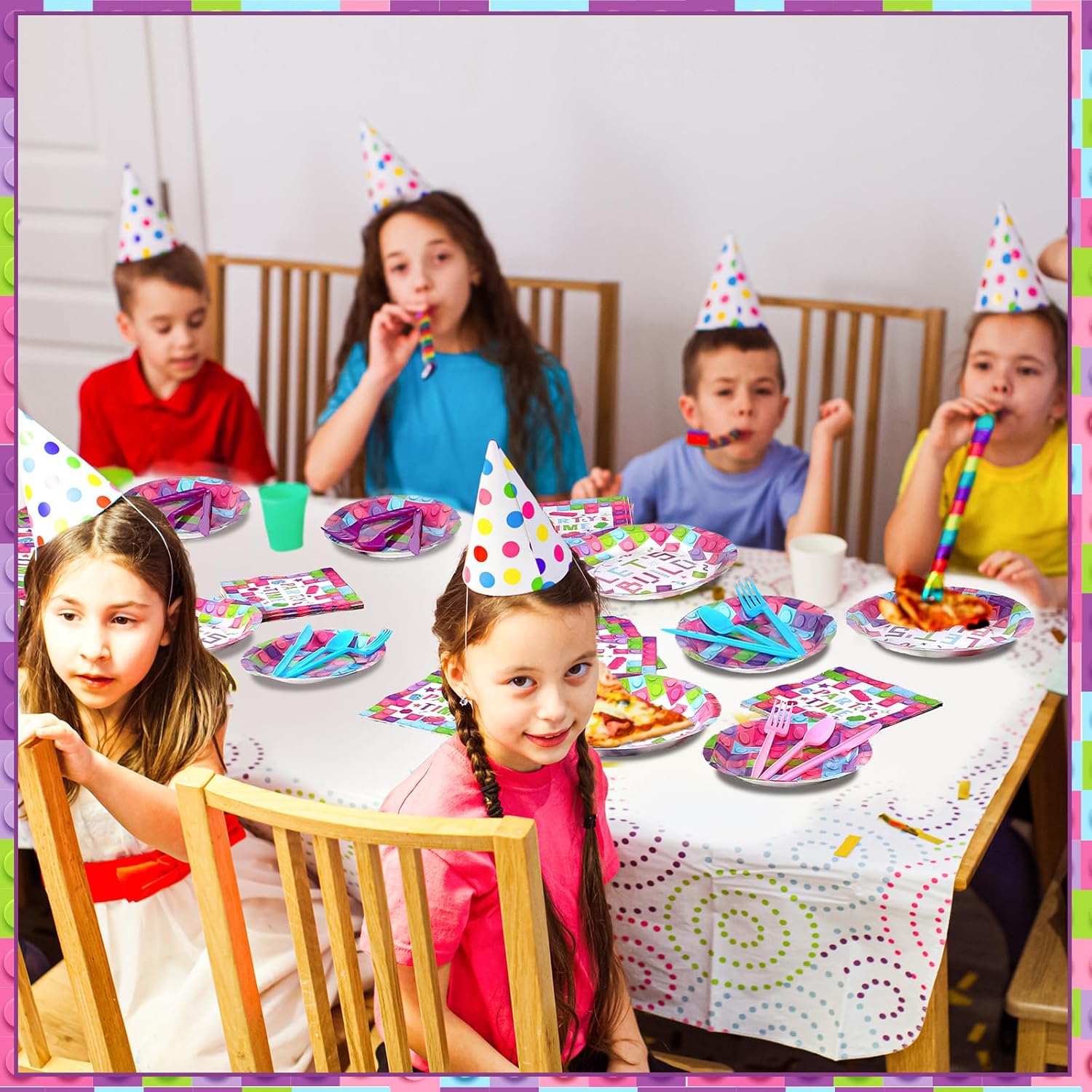 Gejoy 96 piezas de suministros para fiesta de cumpleaños de bloques de construcción, incluye platos de fiesta de ladrillo de 7 pulgadas y 9