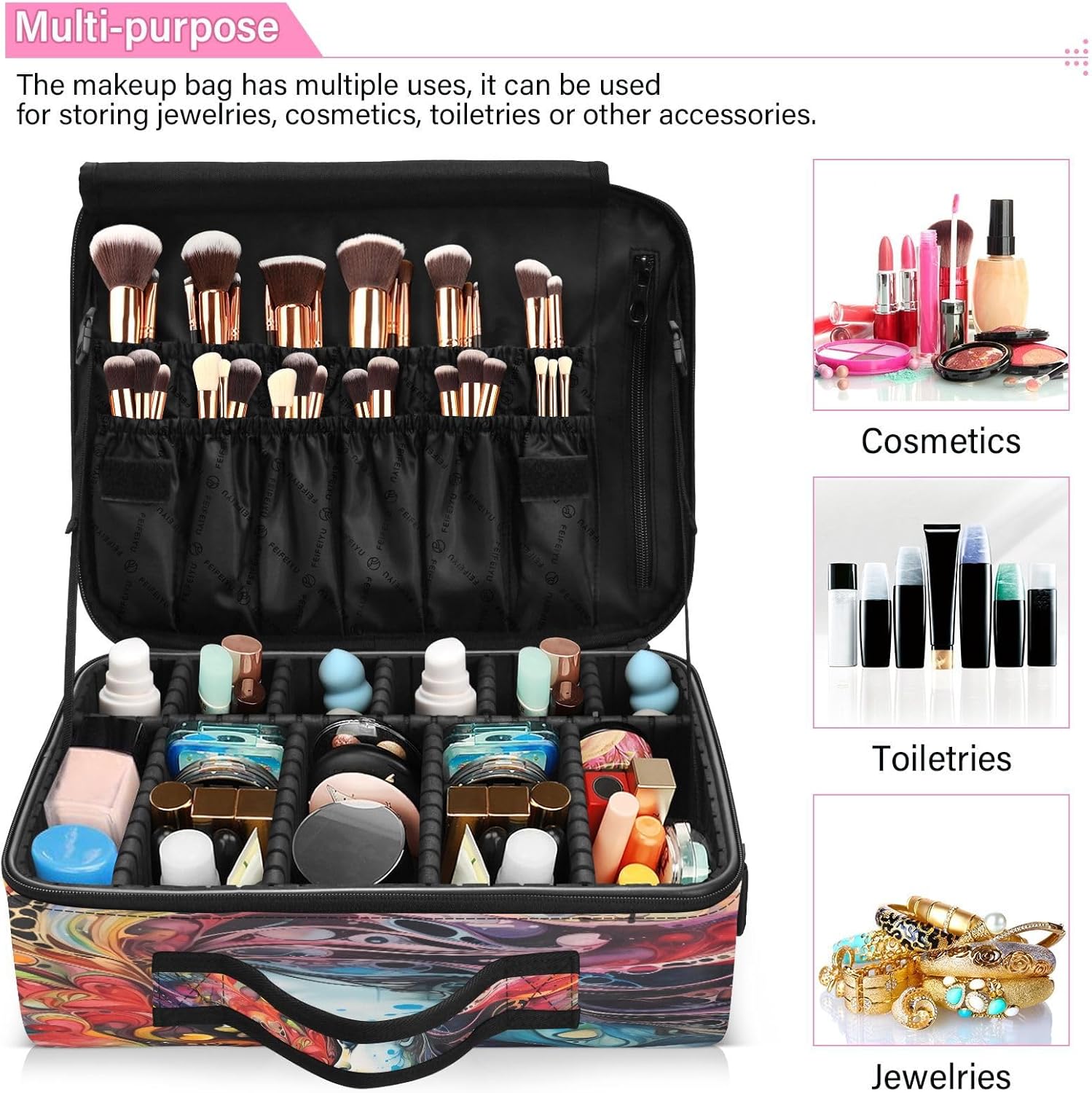 Bolsa de maquillaje de arte colorido para mujer, bolsa de maquillaje de viaje para cosméticos, bolsa de aseo con compartimentos grandes, bolsas de