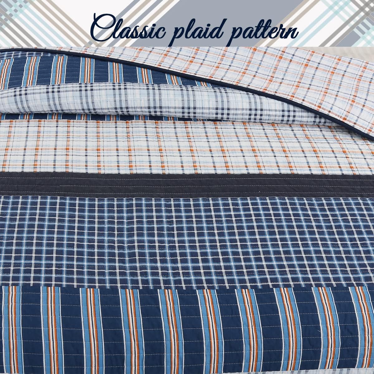 Cozy Line Home Fashions Juego de ropa de cama de 100 % algodón con estampado a rayas de cuadros azul marino y naranja a rayas, colcha reversible,