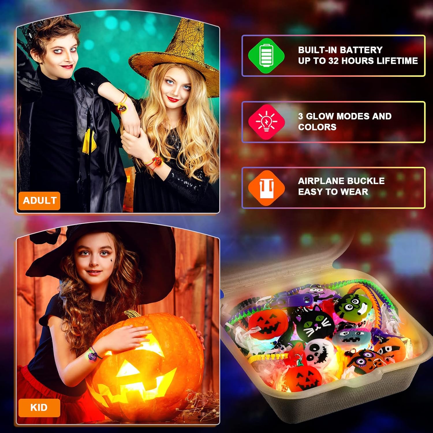 Capoda Juego de pulseras de Halloween para fiestas de Halloween, pulseras de truco o trato para niños y niñas, rellenos de bolsas de golosinas de