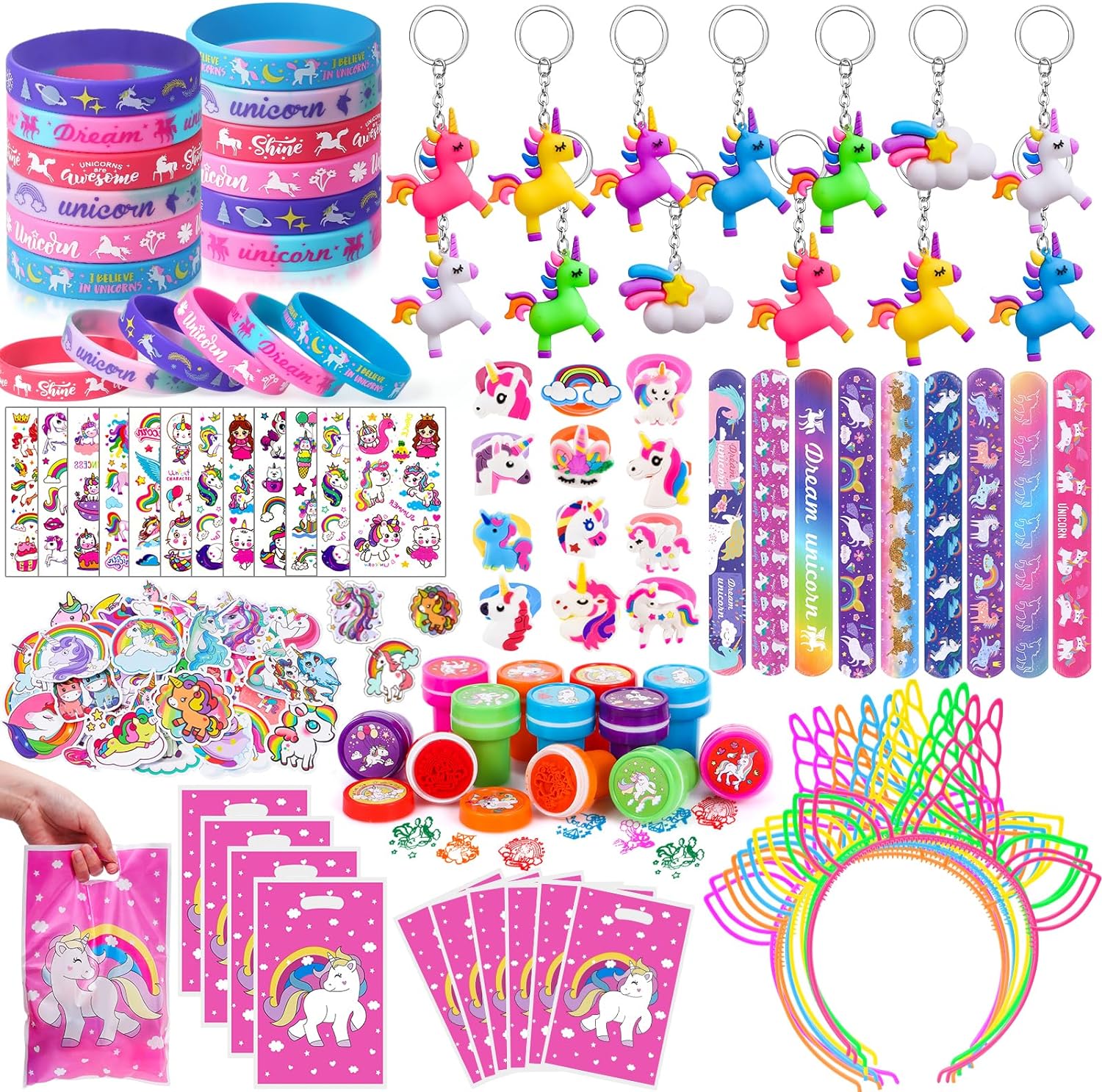 Winrayk 146 piezas de unicornio para fiestas de cumpleaños, bolsas para niñas, diadema, pulsera, sellador, pulsera, llavero, pulsera de tatuaje,