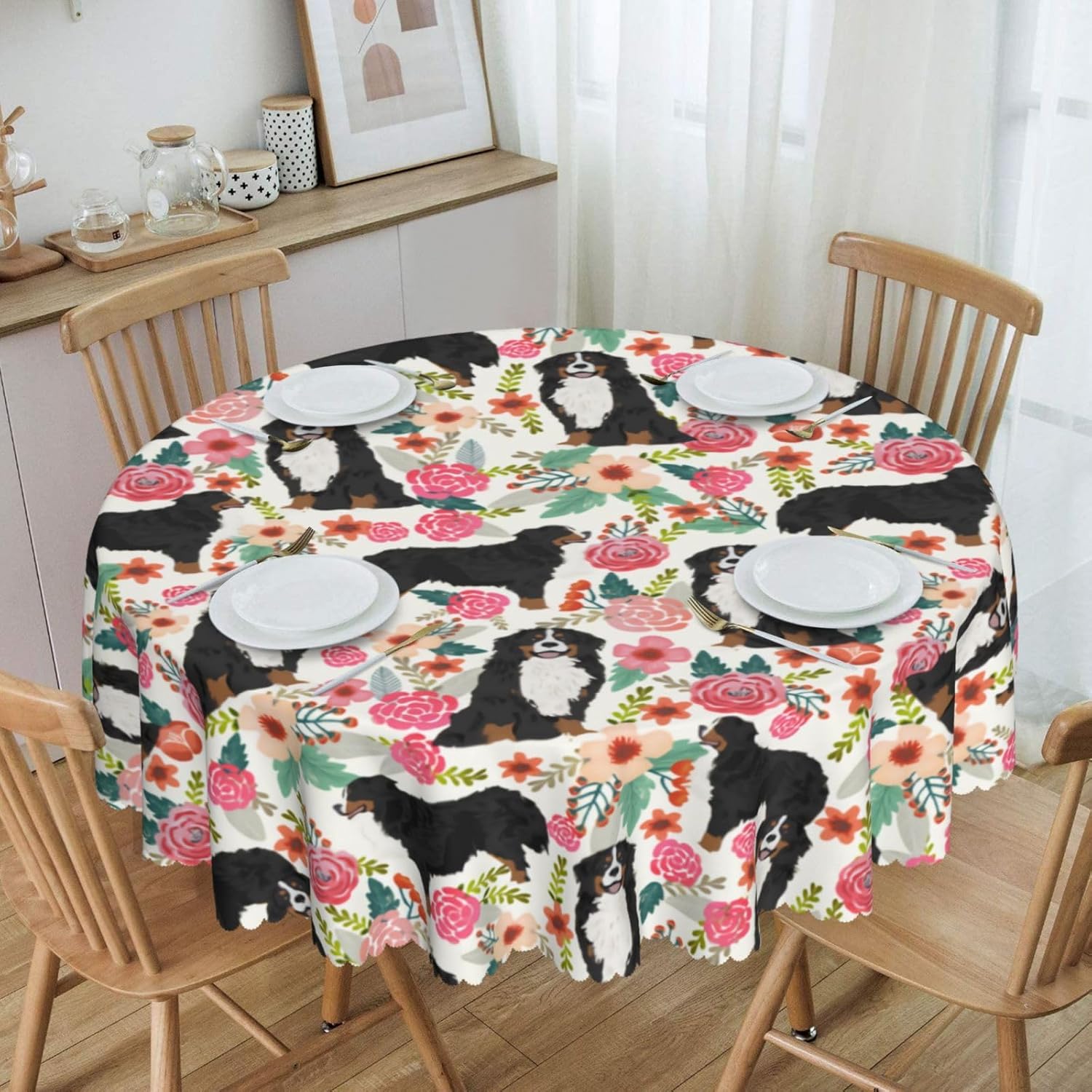 Bonito mantel con estampado floral de perro de montaña bernés con ribete de encaje, sin arrugas, para fiestas, cumpleaños, banquetes, cocina,