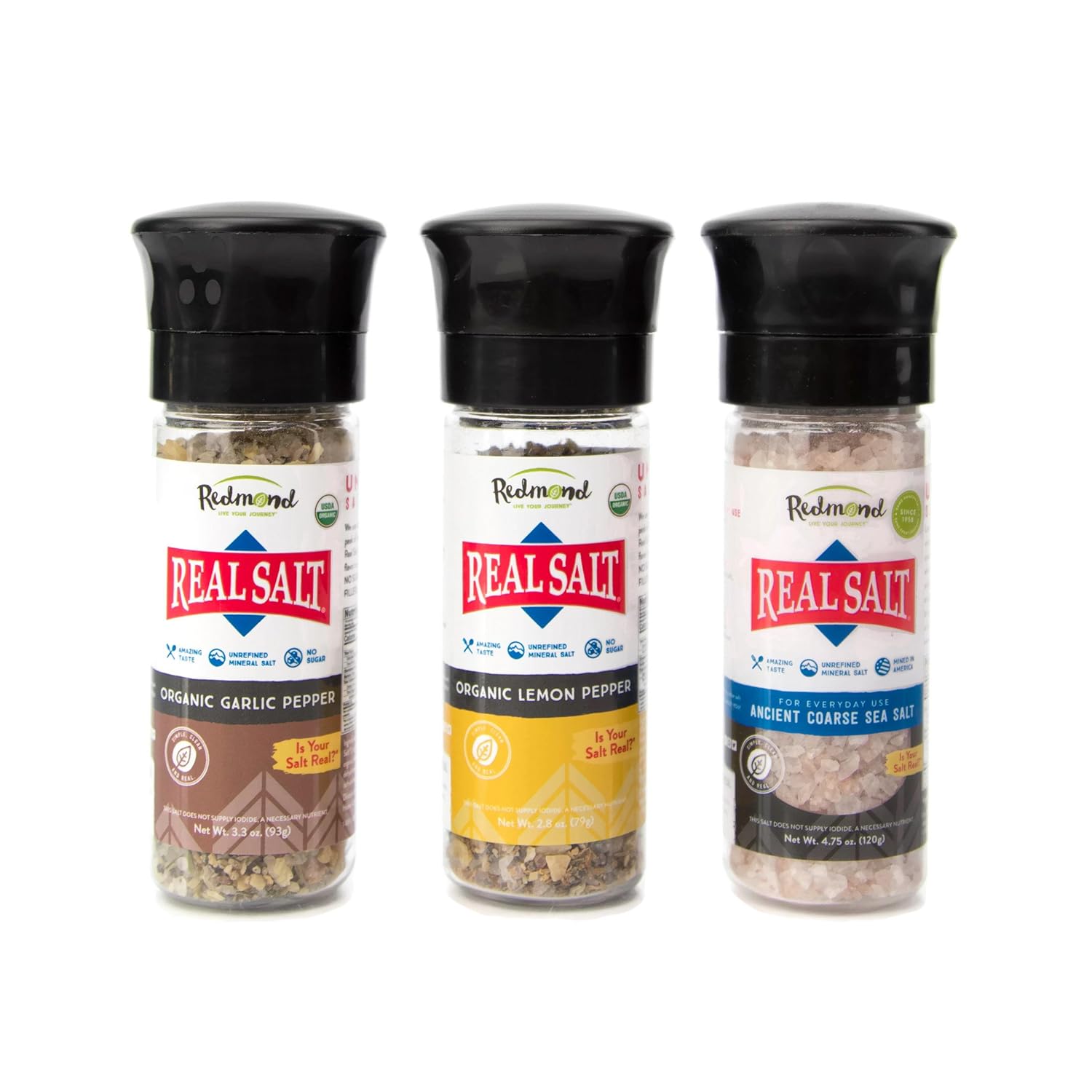 Redmond Sal marina real – Natural sin refinar sin gluten, sal gruesa con molinillo grueso (pimienta de limón, ajo, y original)