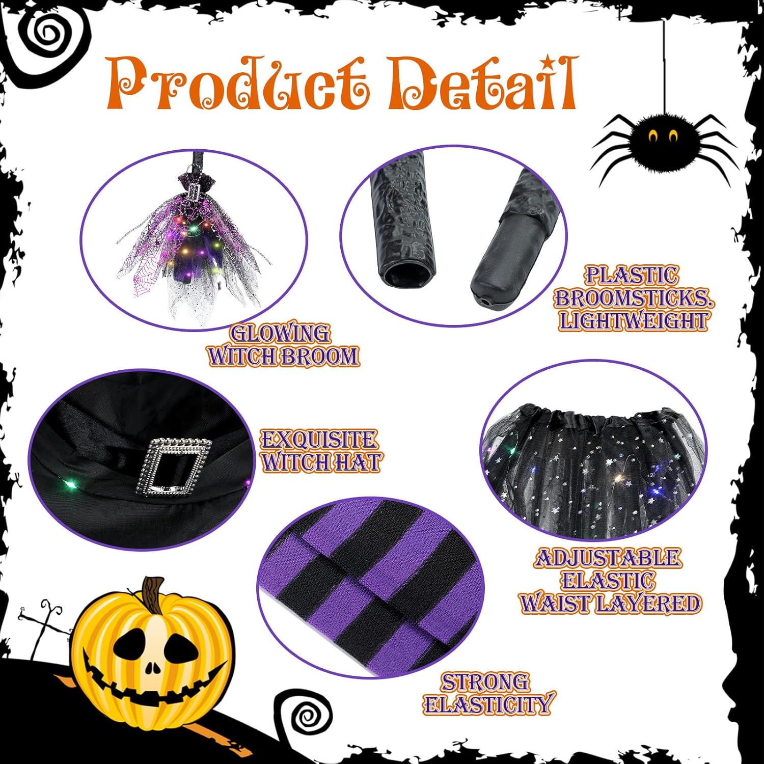 Bonuci Juego de 6 piezas de disfraz de bruja para niños, falda tutú con luz LED, sombrero de bruja, guantes, escoba y medias a rayas, caldero para