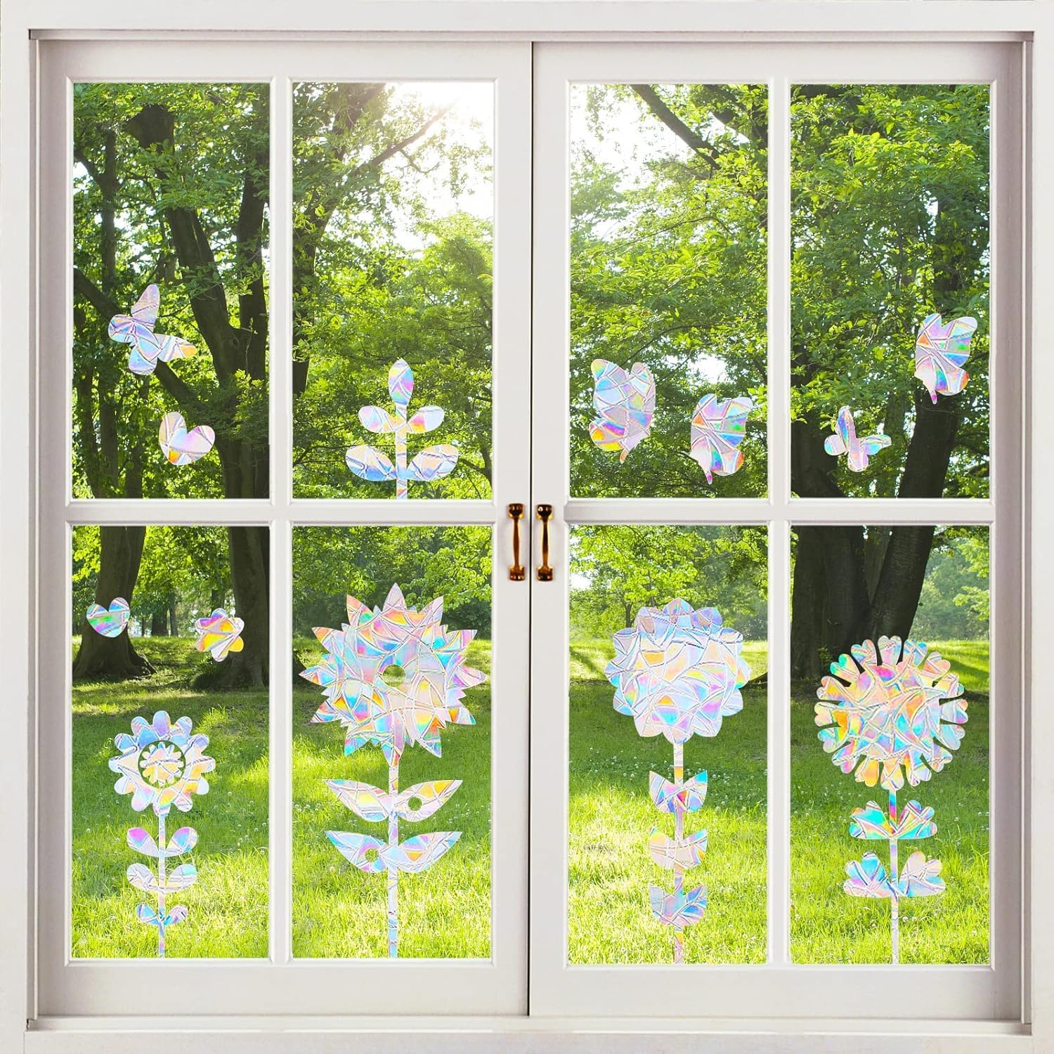 Calcomanías de ventana de flores, anticolisión de mariposa, calcomanías para salvar a los pájaros de colisiones de ventanas, vinilo prismático no