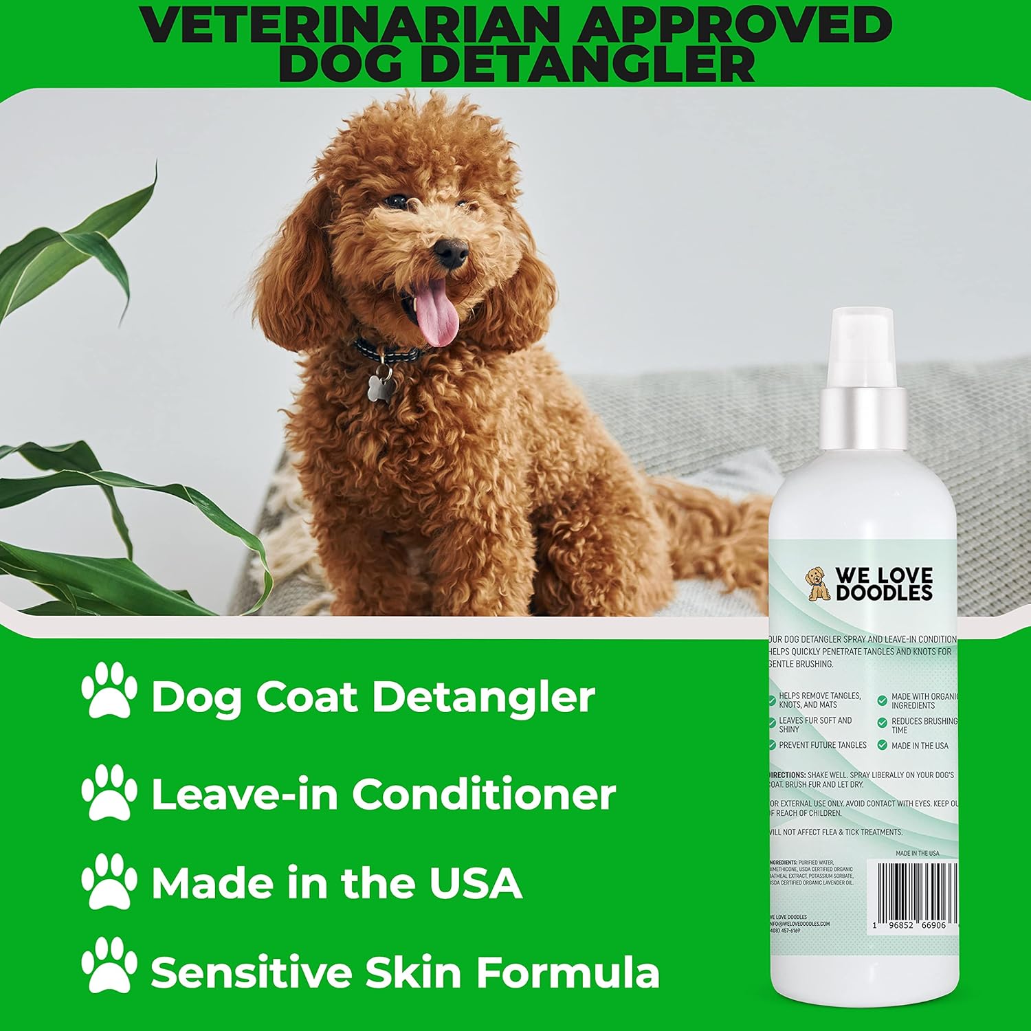 We Love Doodles Juego combinado de champú y desenredante en aerosol 4 en 1 para perros, fabricado en Estados Unidos, ingredientes orgánicos, kit de