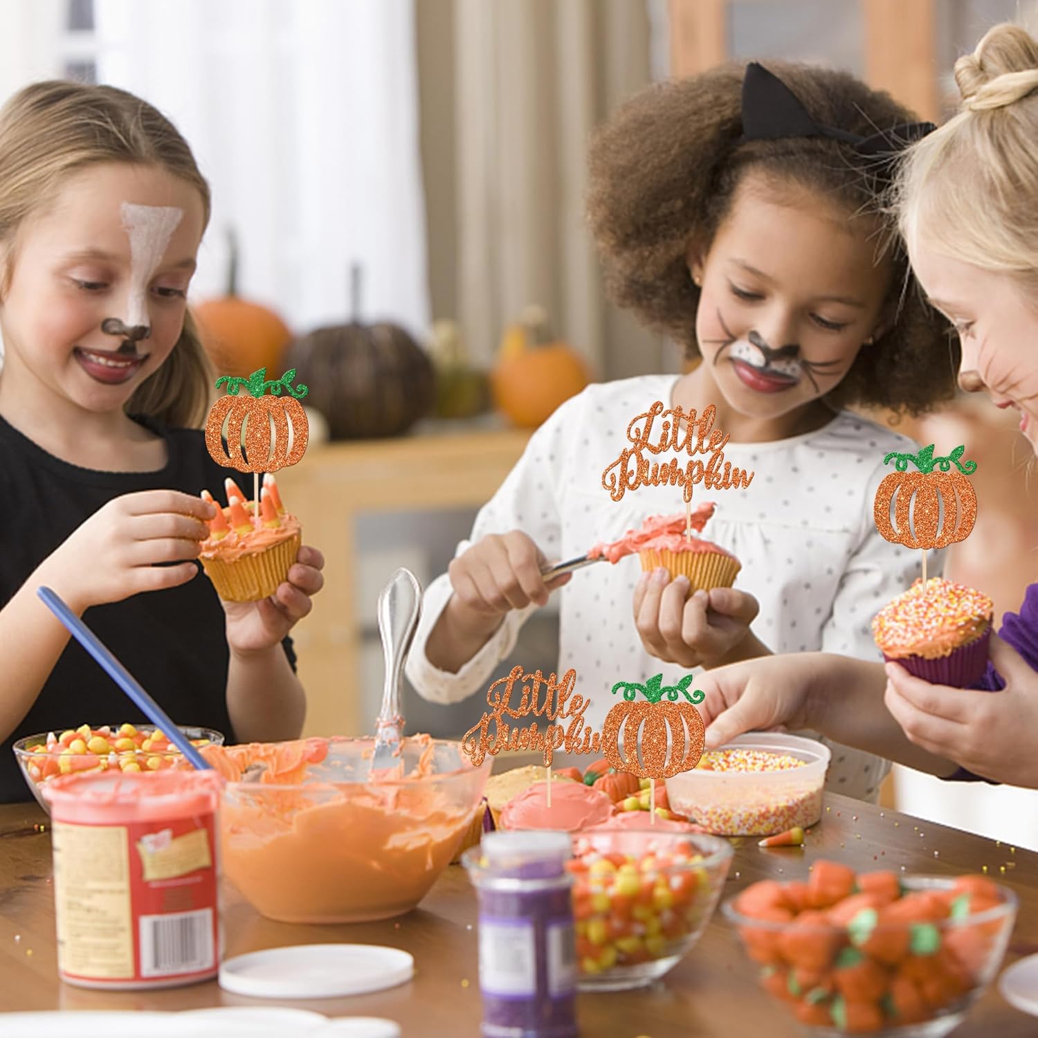 24 adornos para cupcakes de calabaza con purpurina para baby shower, temática de otoño, decoración de cupcakes de calabaza para cosecha de Acción de