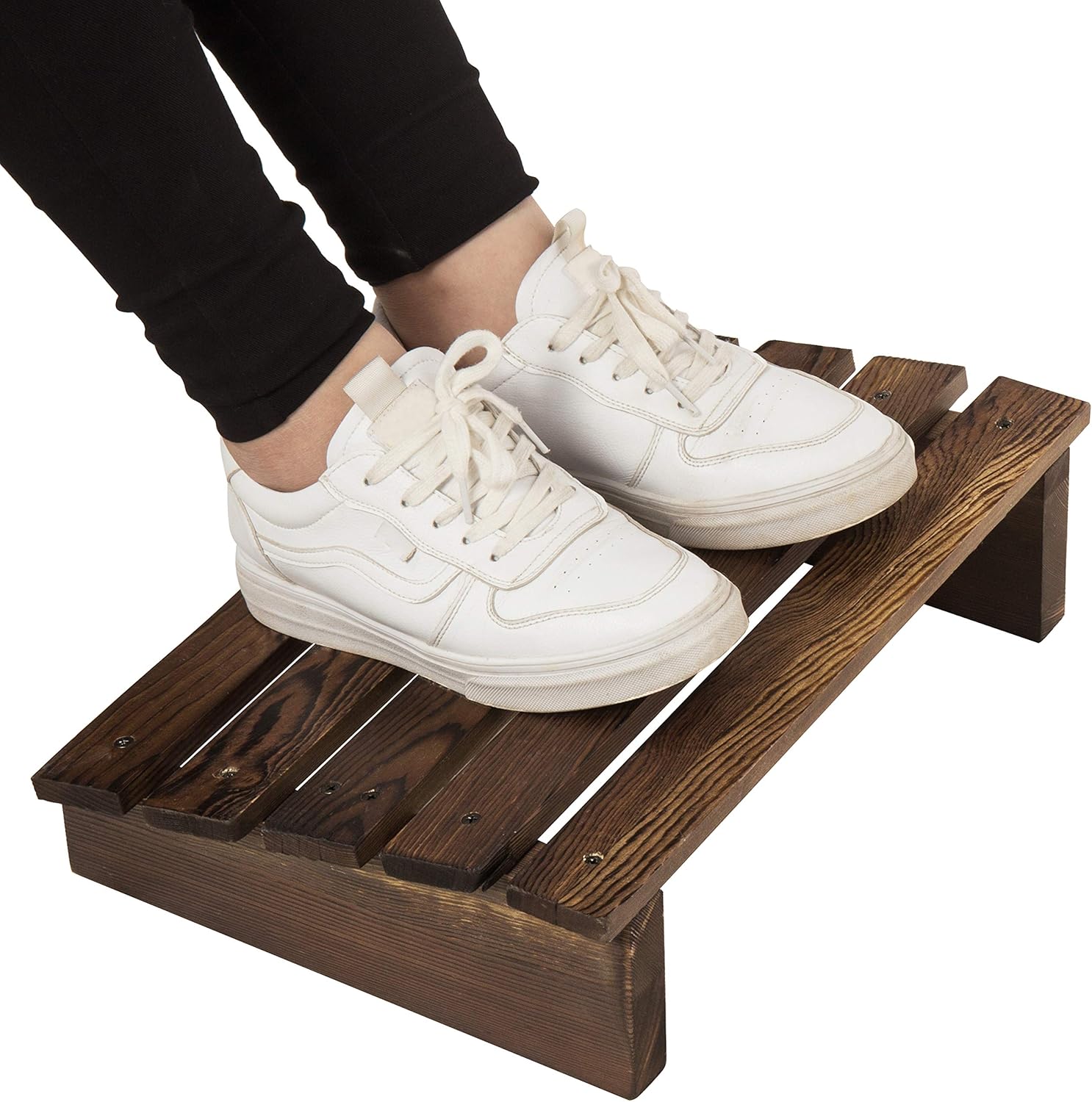 MyGift Taburete ergonómico de madera marrón quemado para pies debajo del escritorio con diseño inclinado, taburete para escritorio en el trabajo