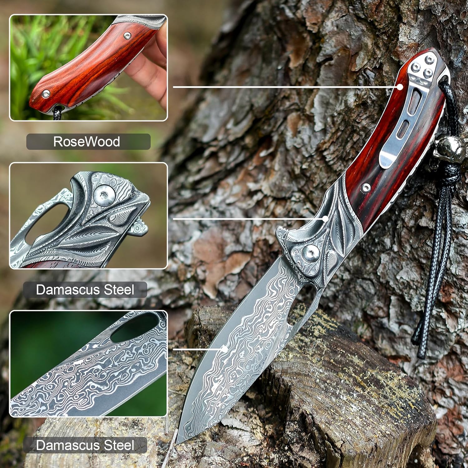 VNLA Exquisito cuchillo de bolsillo plegable de acero de Damasco Japón Praxis, cuchillo plegable de hoja VG10, con funda de cuero hecho a mano, clip