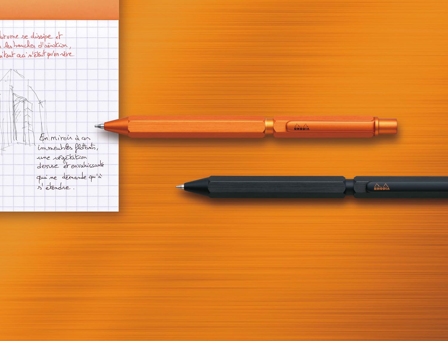 RHODIA 9340C – 3 en 1 scRipt Multipen 2 bolígrafos 0.020 in Negro y Rojo + 1 Portaminas Grafito 0.020 in – Cuerpo hexagonal en aluminio cepillado
