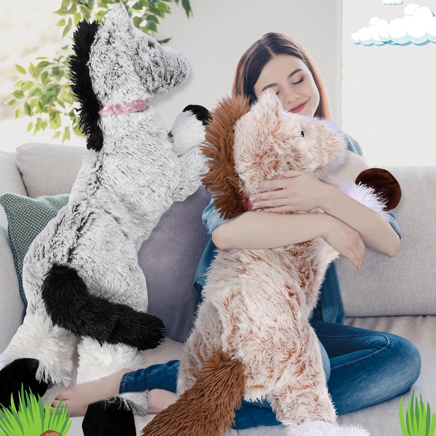 2 piezas de caballo gigante de peluche de caballo largo, almohada de peluche grande de caballo de peluche, gran regalo para niños, Navidad, día de