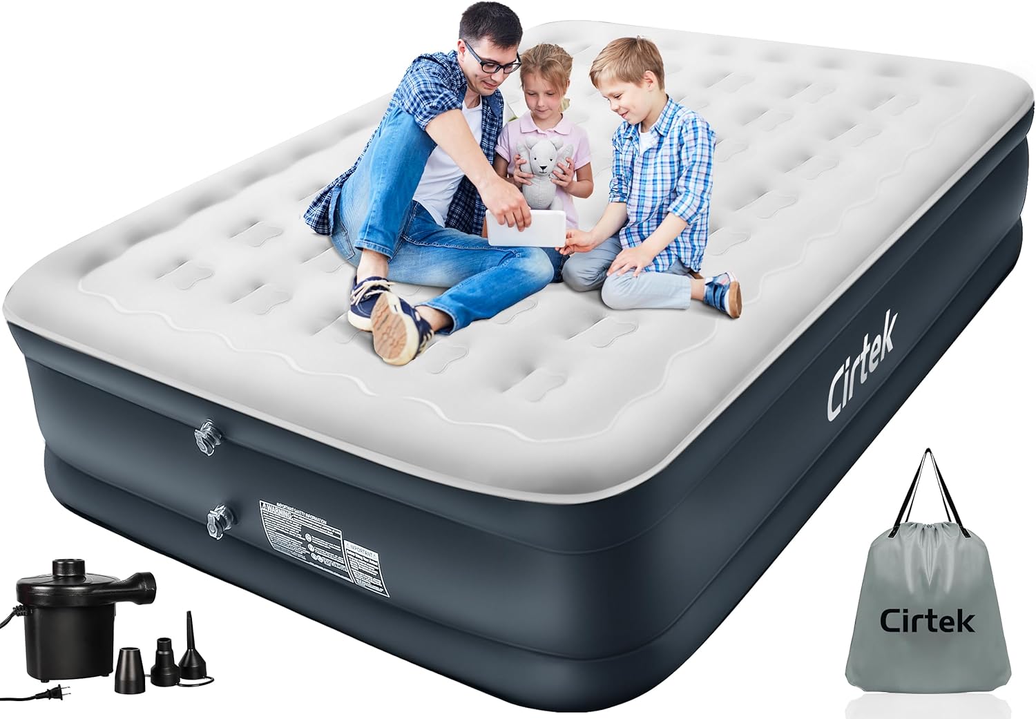 Cirtek Colchón inflable Queen de 18 pulgadas para campamento, viajes, dormir, colchón inflable de tamaño portátil con bomba eléctrica, cama de aire