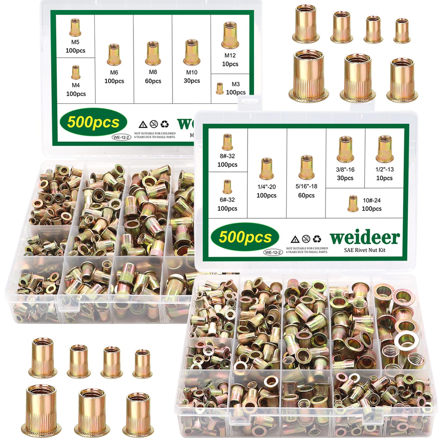 weideer 1000 tuercas remachadoras SAE y métricas 6#-32, 8#-32, 10#-24, 14″-20, 516″-18, 38″-16, 12″-13 M3 M4 M5 M6 M8 M10 M12 Inserto roscado de