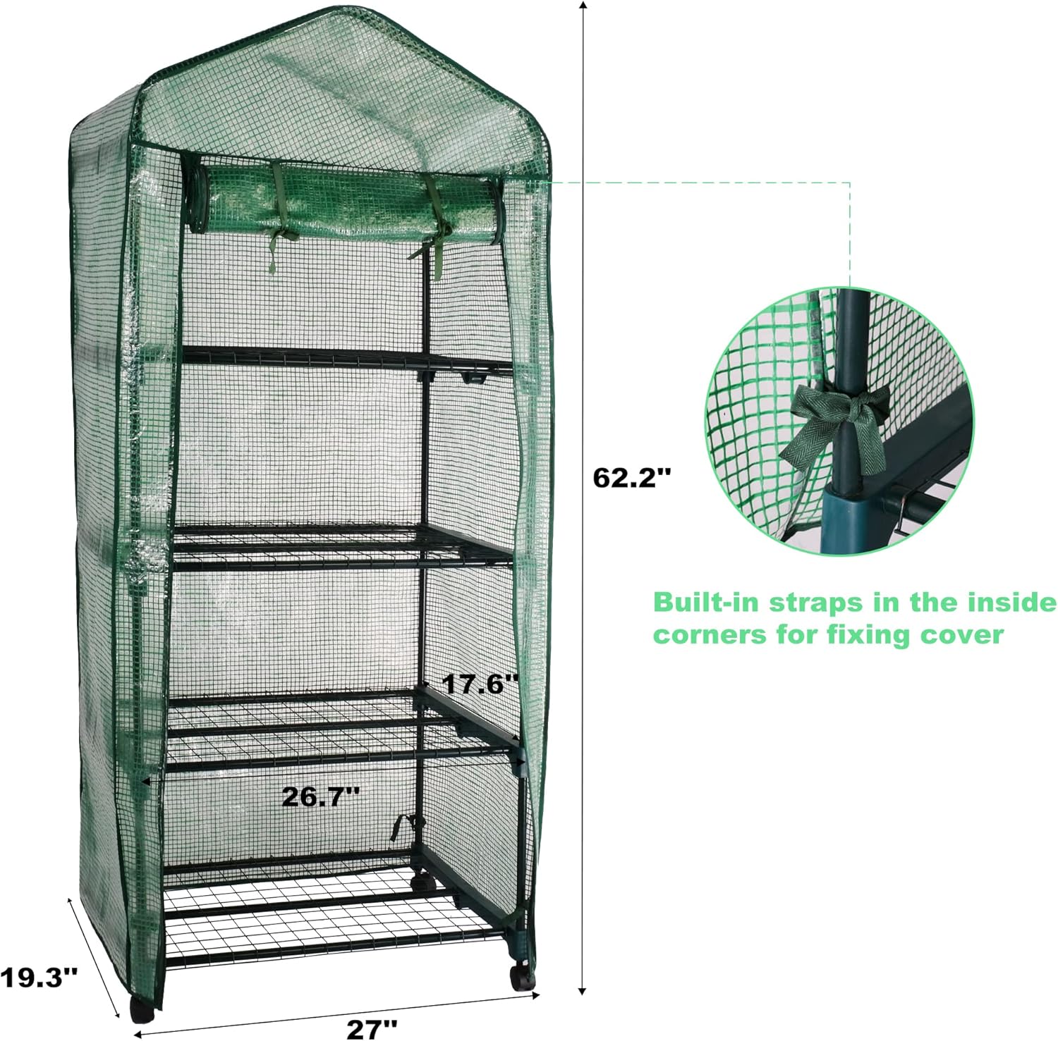 Mini invernadero de 4 niveles para interiores y exteriores, pequeña casa verde con ruedas giratorias y cubierta de PVC, mini invernadero rodante