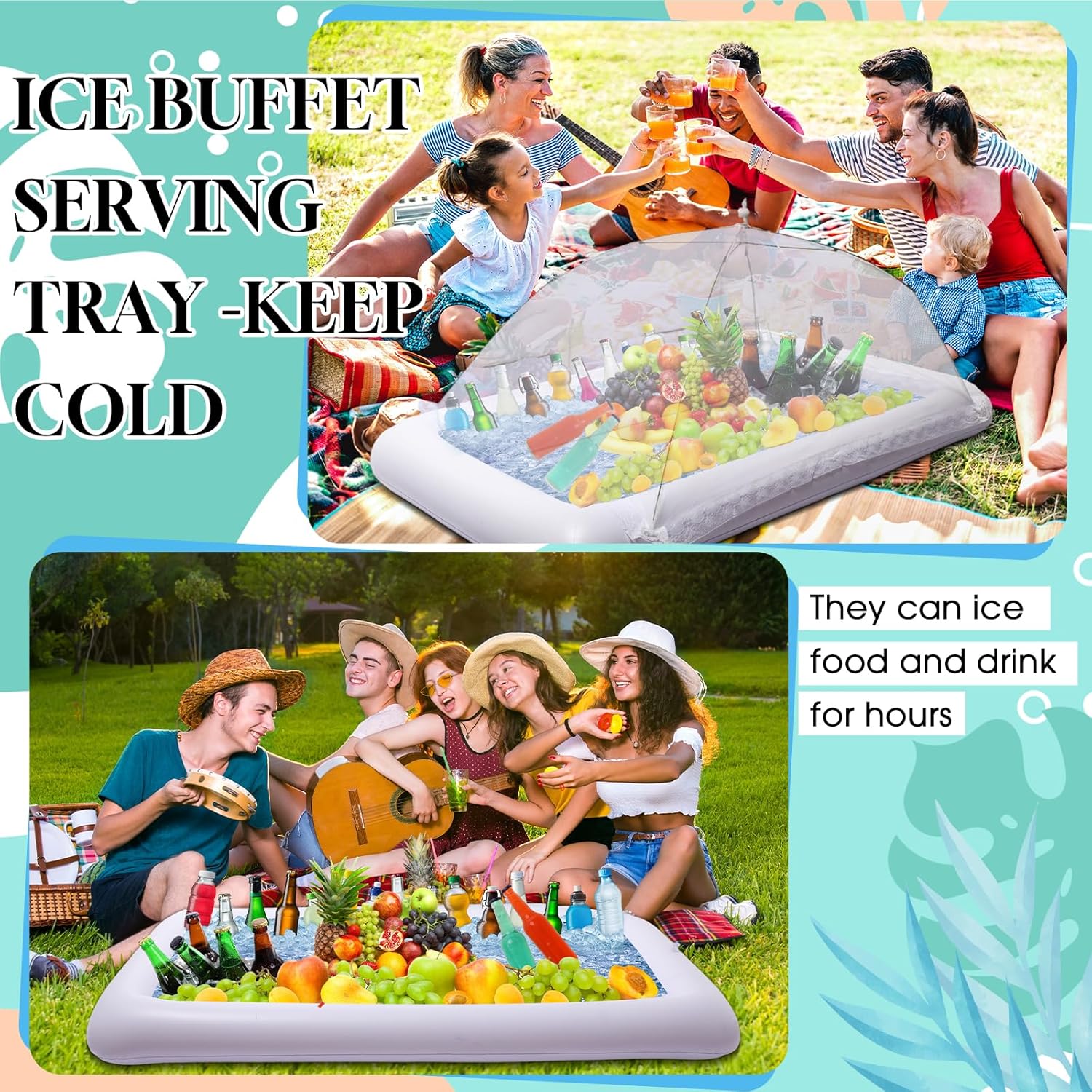 Leitee Kit de barra inflable para servir incluye bandeja de buffet de ensalada con tapón de drenaje, cubierta de malla para alimentos, bebidas,