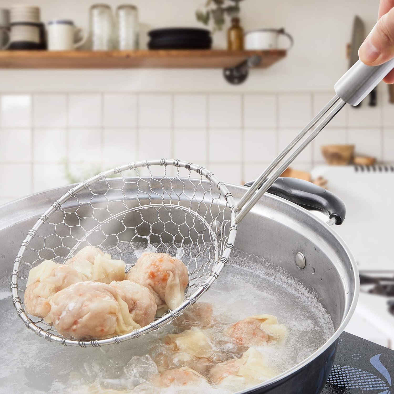 Colador de araña de acero inoxidable, colador de malla de cocina asiática, colador de wok de alambre para cocina, cesta de skimmer de 7 pulgadas,