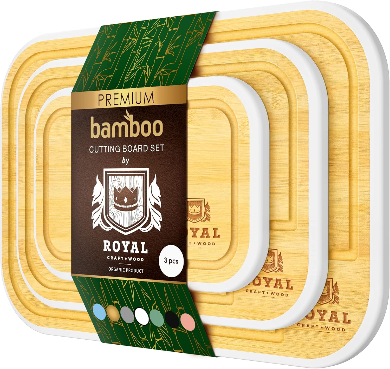 Juego de tablas para cortar de bambú para cocina con ranura de líquidos (3 piezas) para carne, queso y verduras, color blanco