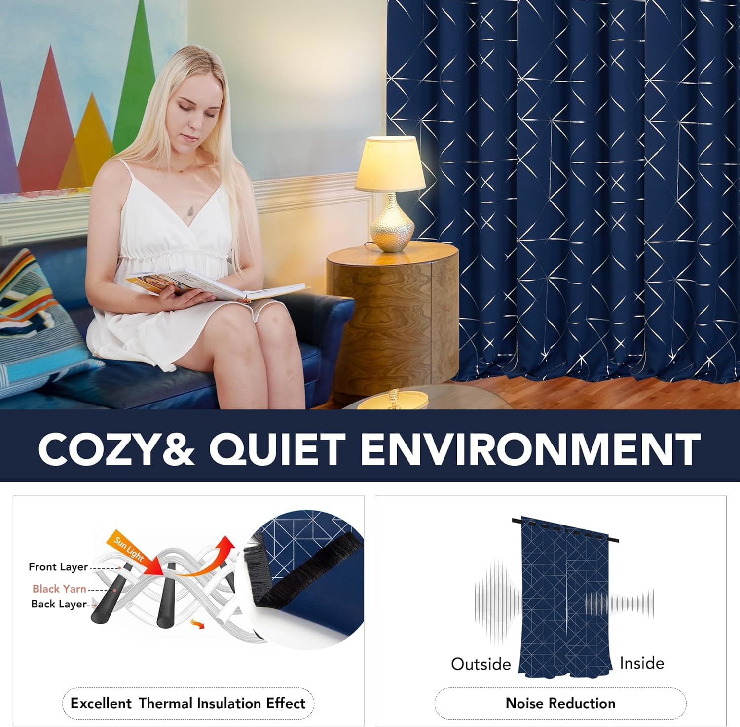 Deconovo Cortinas opacas para dormitorio, 72 pulgadas de largo, 2 paneles de cortinas para sala de estar, cortinas térmicas con patrón geométrico