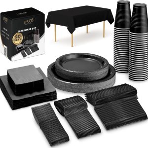 Juego de suministros negros para fiestas, platos de papel, vasos de plástico, tenedores, cuchillos, cucharas, servilletas, mantel para 20 invitados, Juego de suministros negros para fiestas, platos de papel, vasos de plástico, tenedores, cuchillos, cucharas, servilletas, mantel para 20 invitados,