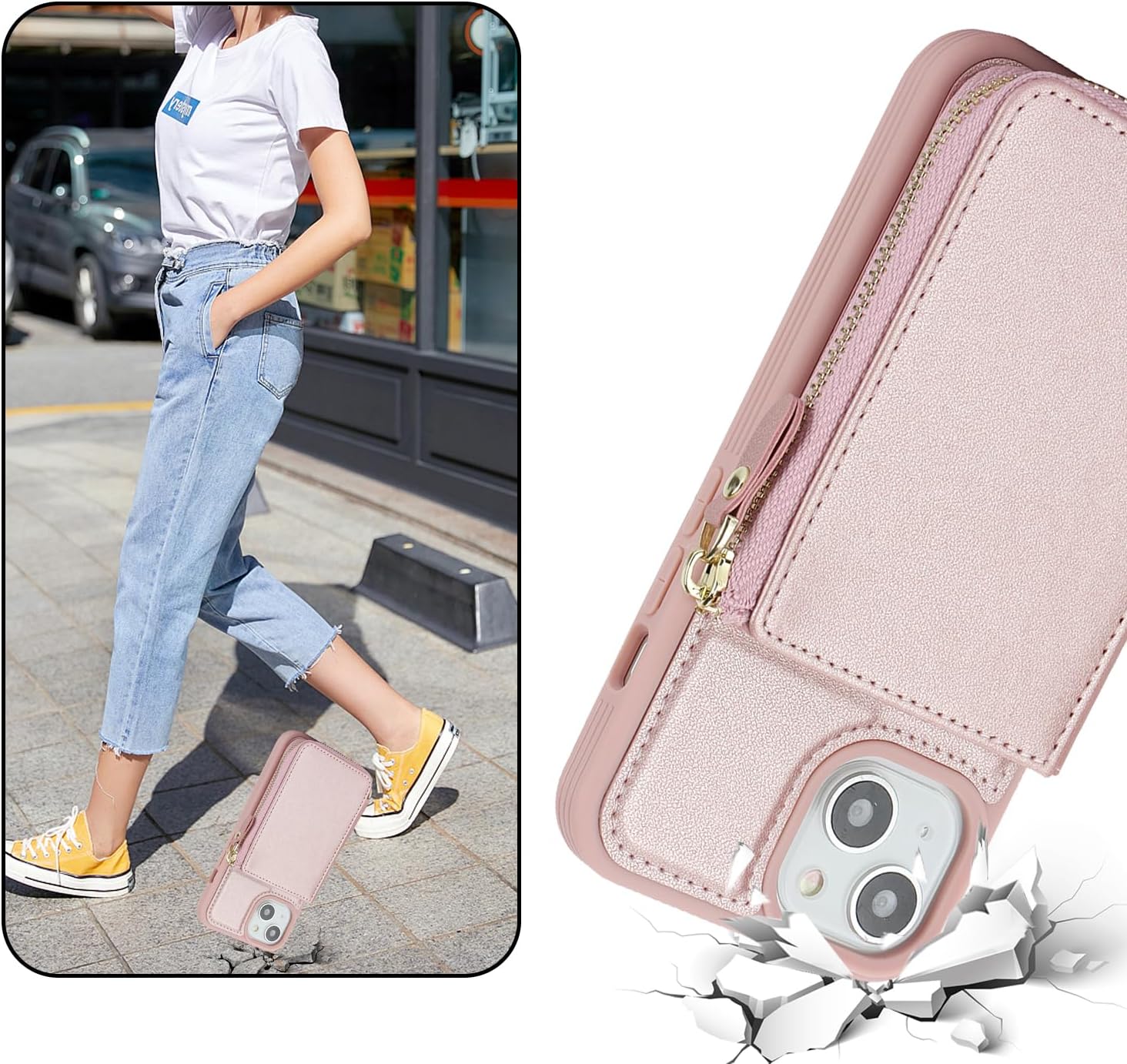 Funda para iPhone 14 Plus con tarjetero para iPhone 14 Plus, funda tipo cartera para mujer, funda con cremallera y cordón para bolsillo para