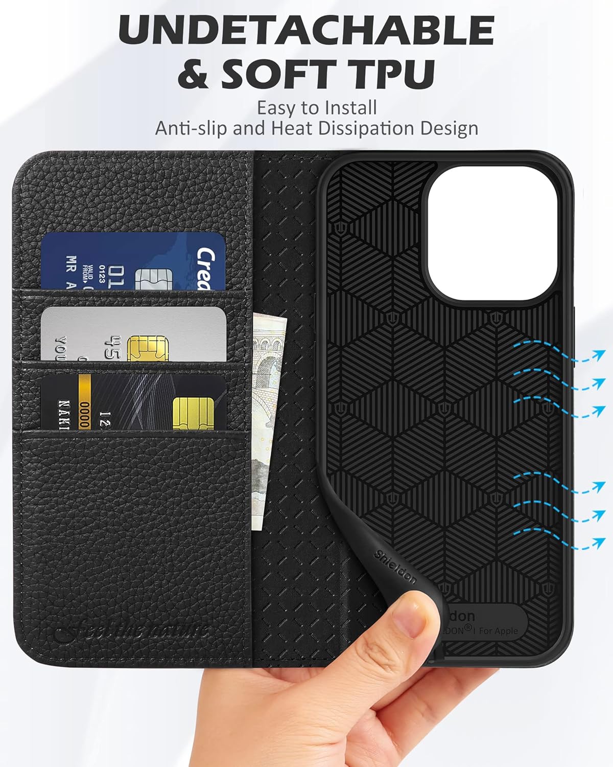SHIELDON Funda para iPhone 13 Pro 5G 2021, funda de piel auténtica, soporte para tarjetas, bloqueo RFID, funda magnética a prueba de golpes,