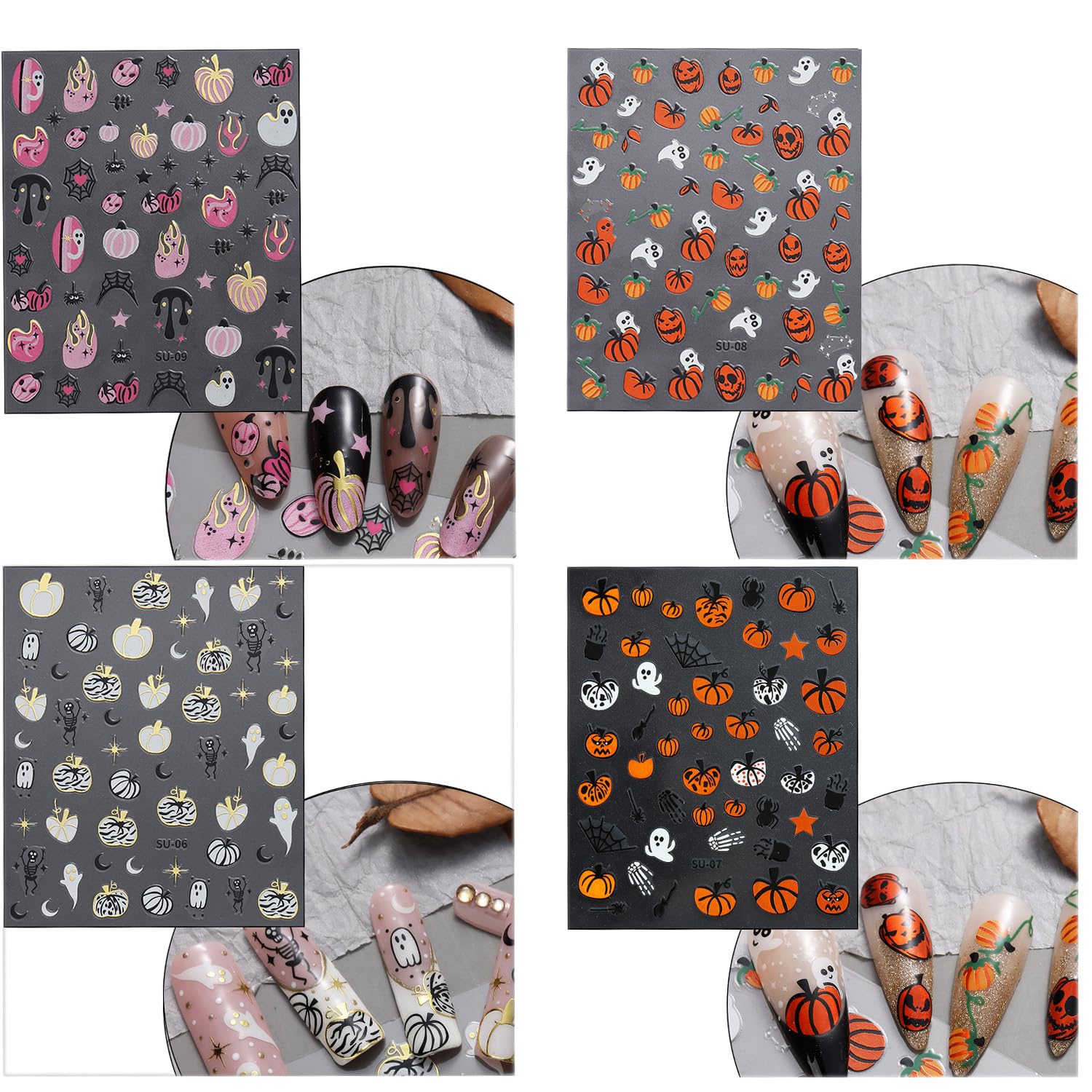 Calcomanías de arte de uñas de Halloween 3D, autoadhesivas, para Halloween, telaraña, murciélago, fantasma, calabaza, diseños de uñas, suministros