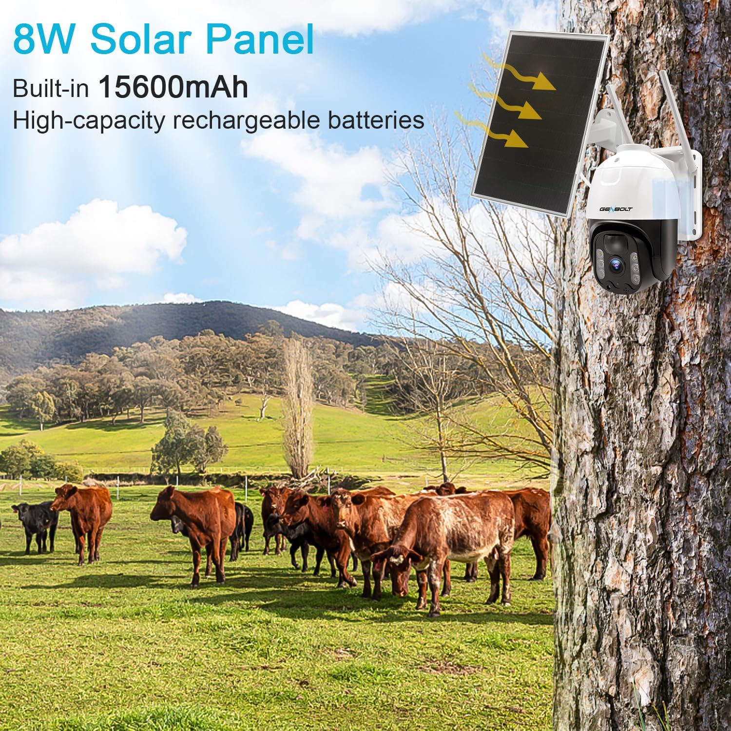 GENBOLT Cámara de seguridad solar celular 4G LTE inalámbrica para exteriores, 8W 15600mAh cámara de vigilancia con batería sin WiFi, sistema de