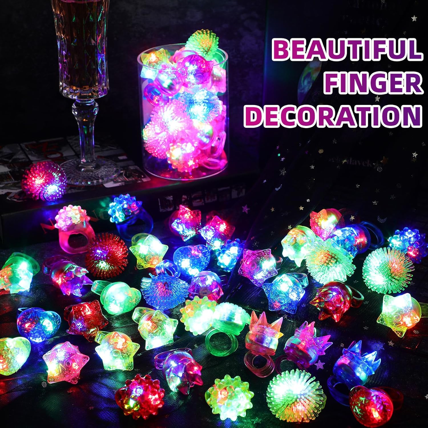 Liliful 350 anillos de luz LED, anillos parpadeantes que incluyen 150 anillos de goma de gelatina, 200 linterna de dedo que brilla en la oscuridad,