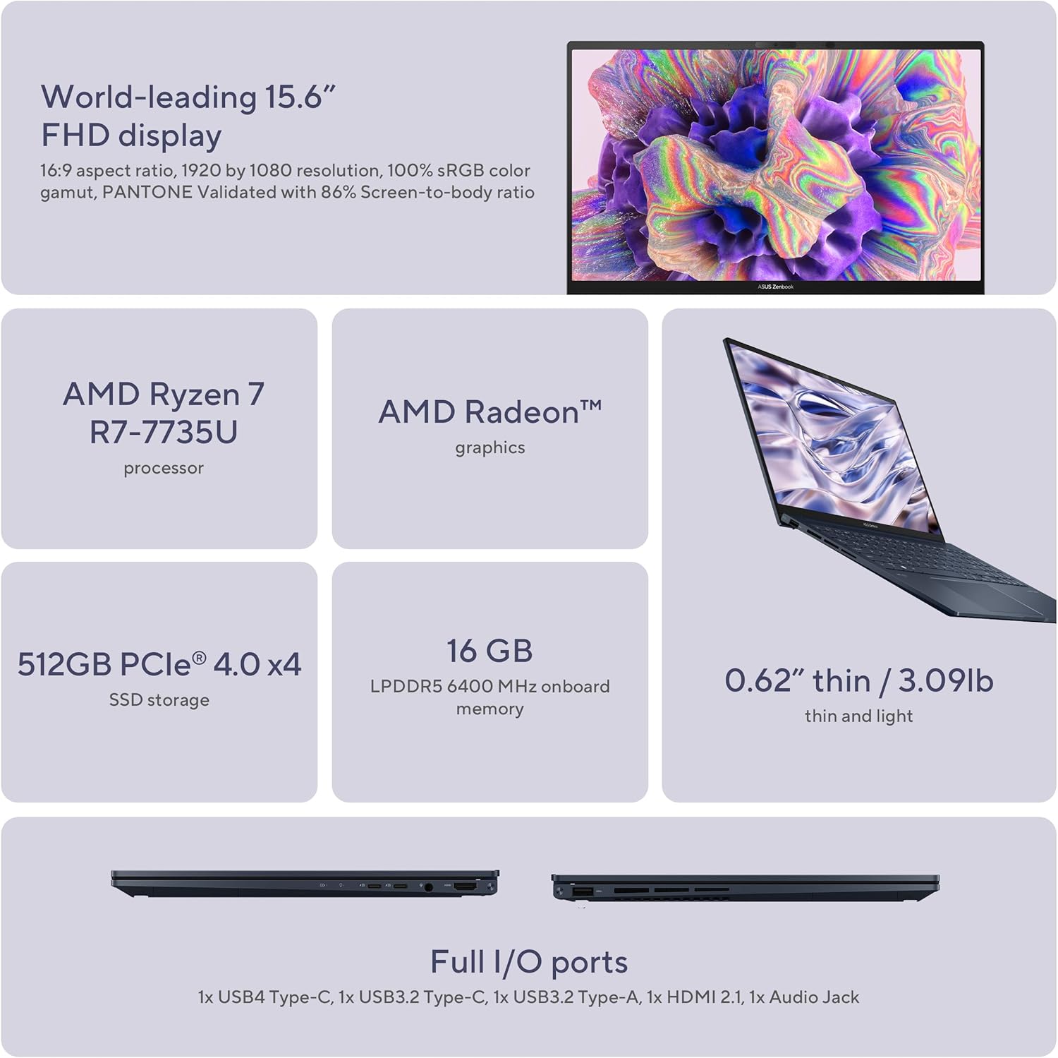 ASUS Portátil Zenbook 15, pantalla FHD de 15.6 pulgadas, CPU AMD Ryzen 7 7735U, gráficos AMD Radeon, 16 GB de RAM, SSD de 512 GB, Windows 11 Home,