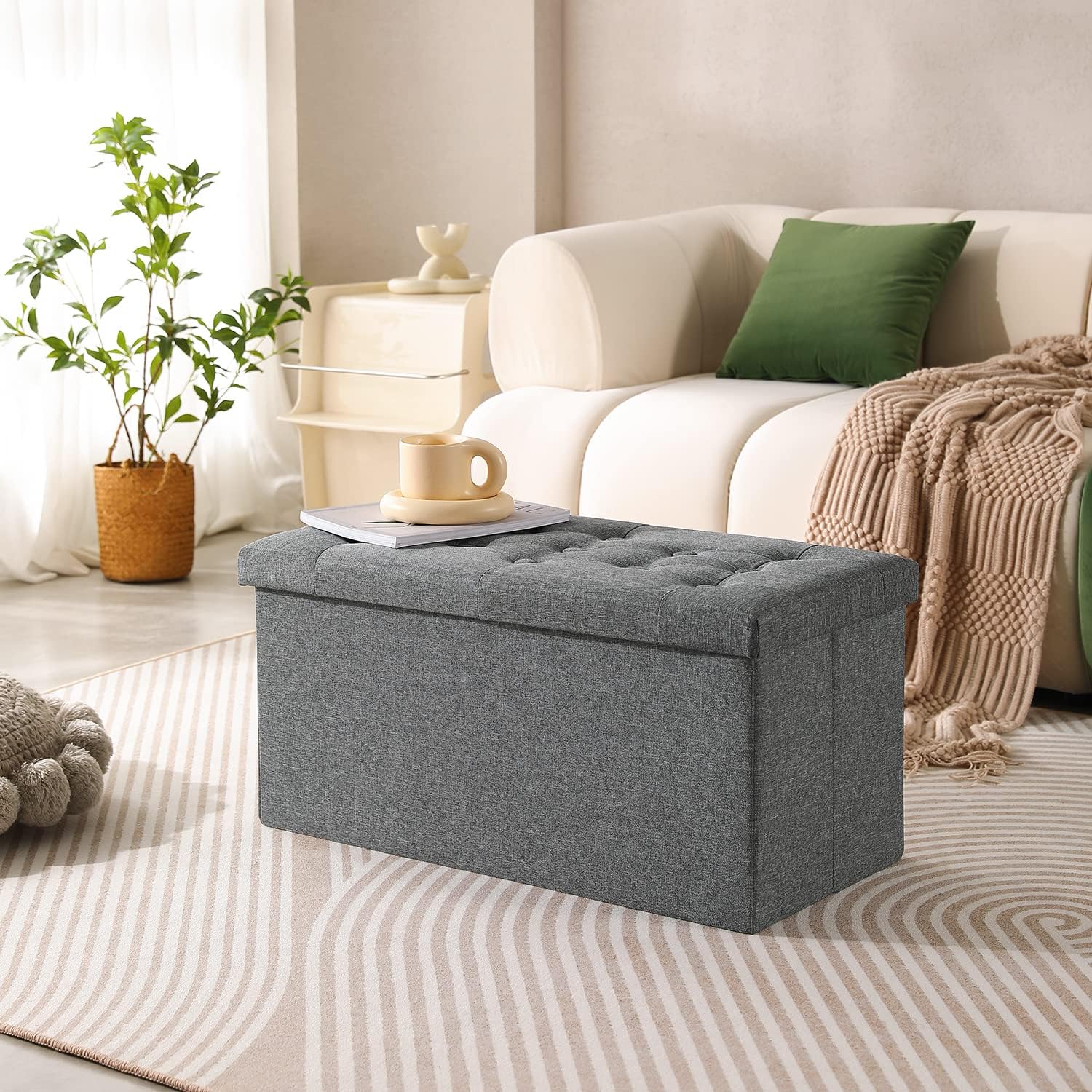 PRANDOM Otomana extra grande con almacenamiento 1 unidad Taburete plegable de lino pequeño con tapa para sala de estar, dormitorio, mesa auxiliar,