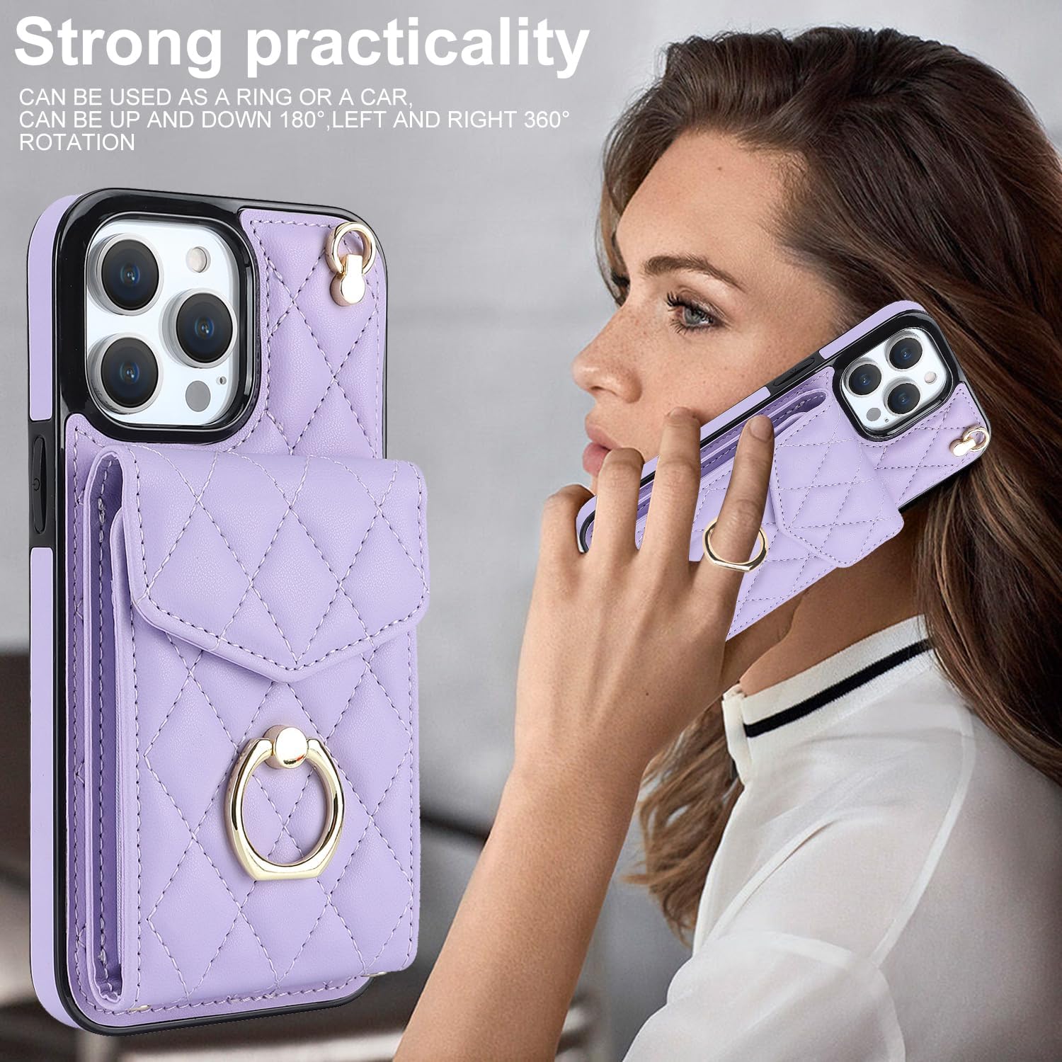 CHENRLIAN Compatible with iPhone 15 Pro Max Wallet Case with Card Holder, 360 Rotation Finger Ring Holder Kickstand, Leather Wallet Case and