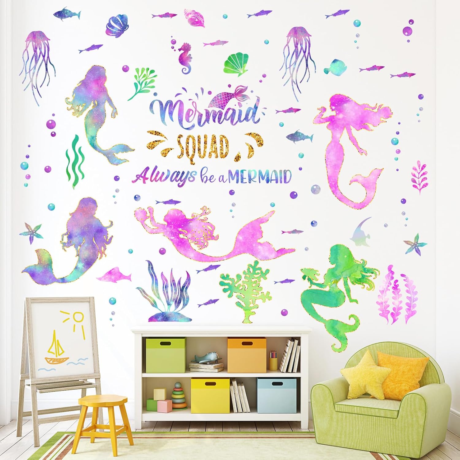 2 hojas de calcomanías de pared grandes de sirena con purpurina para niñas, calcomanías de pared de sirena para dormitorio, impermeable, decoración