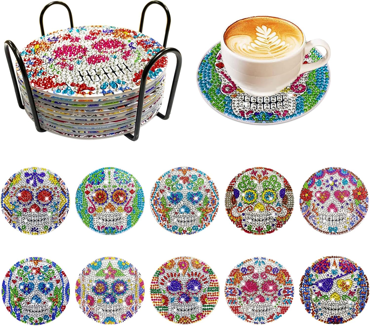 AHCSMRE Juego de 10 posavasos de diamantes de calavera de Halloween, posavasos de pintura artística con soportes, posavasos de diamante