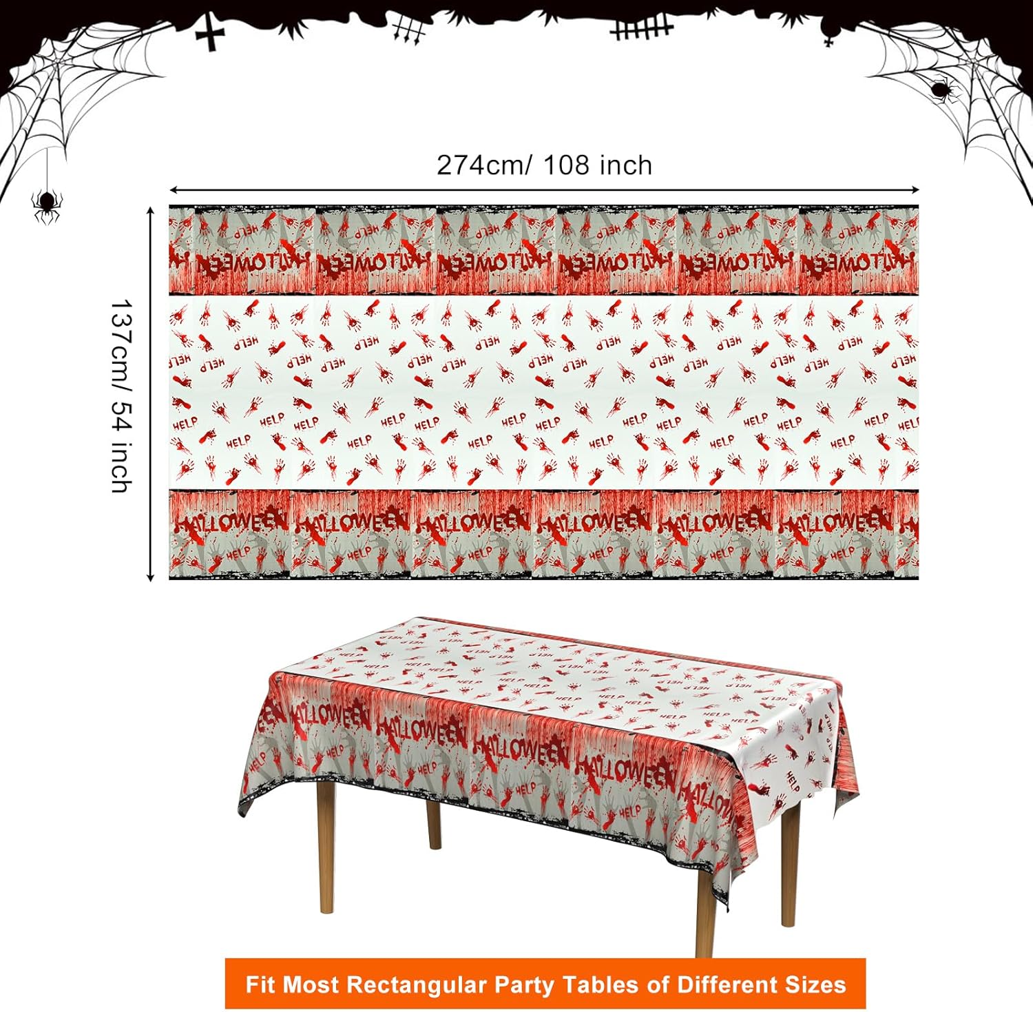 PLULON Paquete de 3 manteles de Halloween de 54 x 108 pulgadas, diseño de huellas de manos color rojo zombi, mantel de plástico para decoración de
