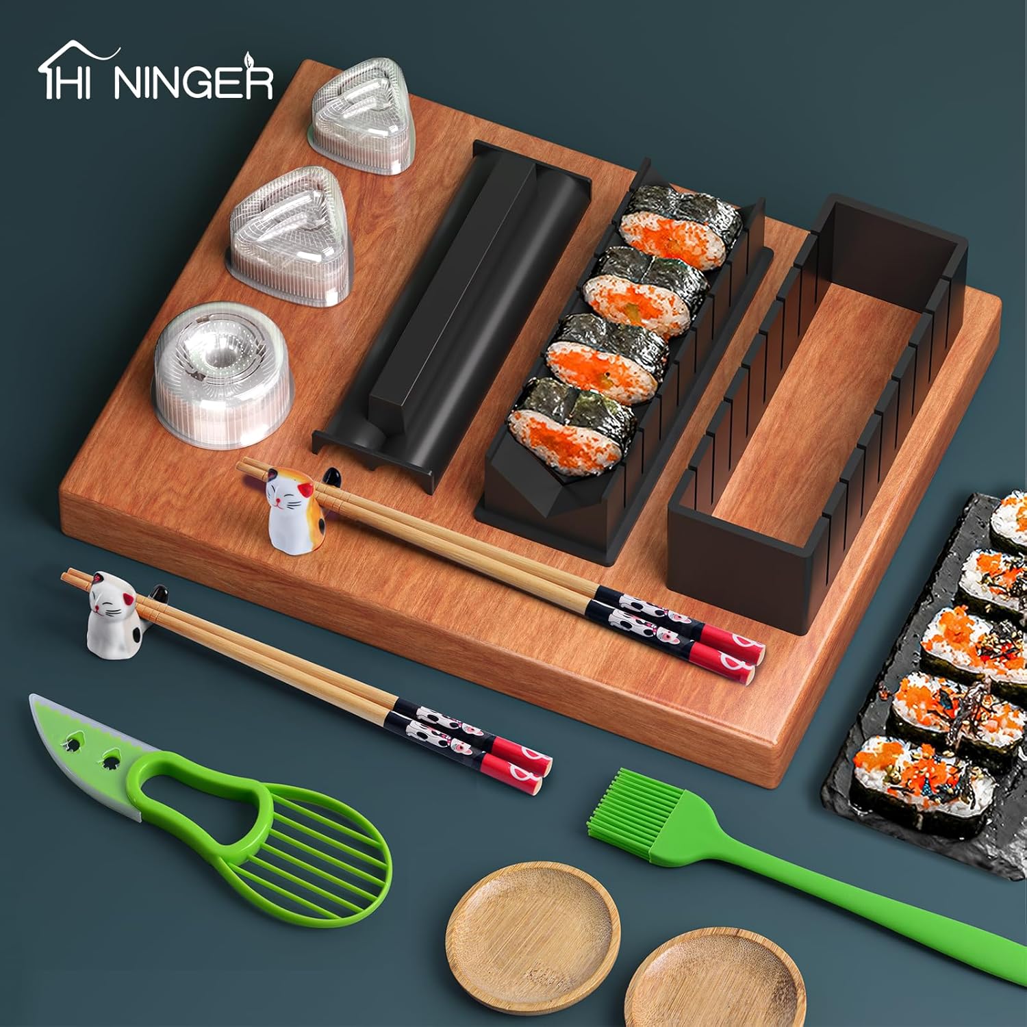 HI NINGER Kit completo de fabricación de sushi para principiantes con cuchillo de chef, tapete de balanceo de sushi de bambú, triángulodonutsmolde