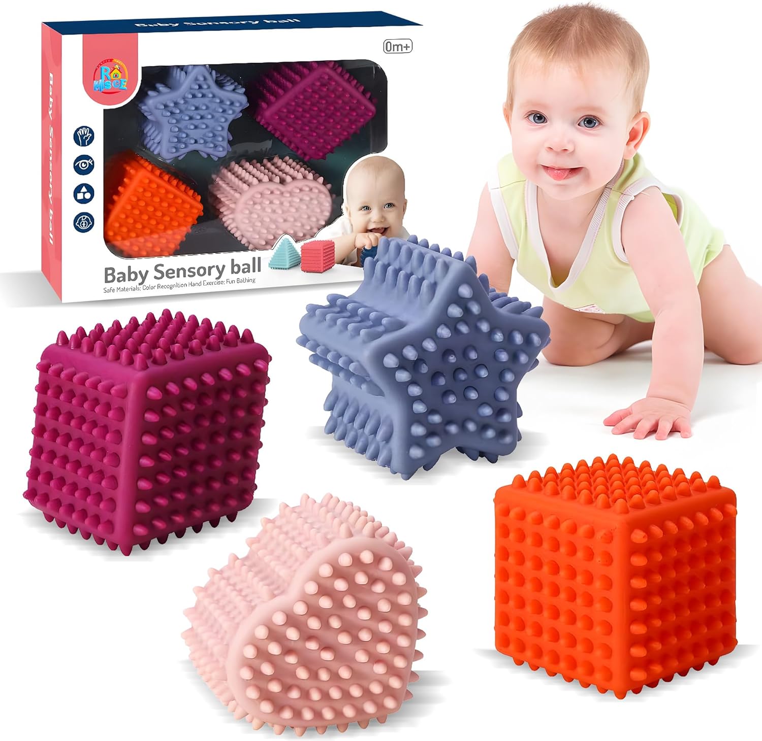 ROHSCE Pelotas sensoriales suaves y puntiagudas, juguetes Montessori, bolas de bebé de 6 a 12 meses, formas geométricas texturizadas para el