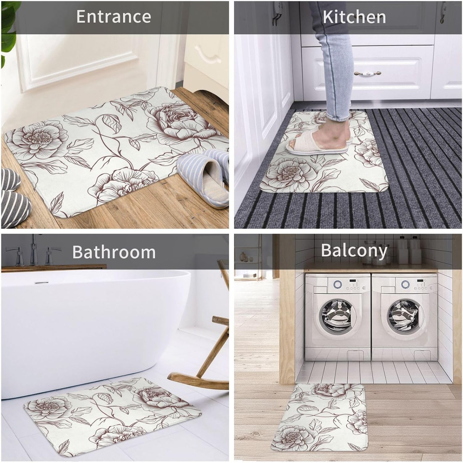 Alfombra de baño de microfibra absorbente con estampado floral de rosas y rosas, tapete de baño de franela con parte trasera de goma, tapete