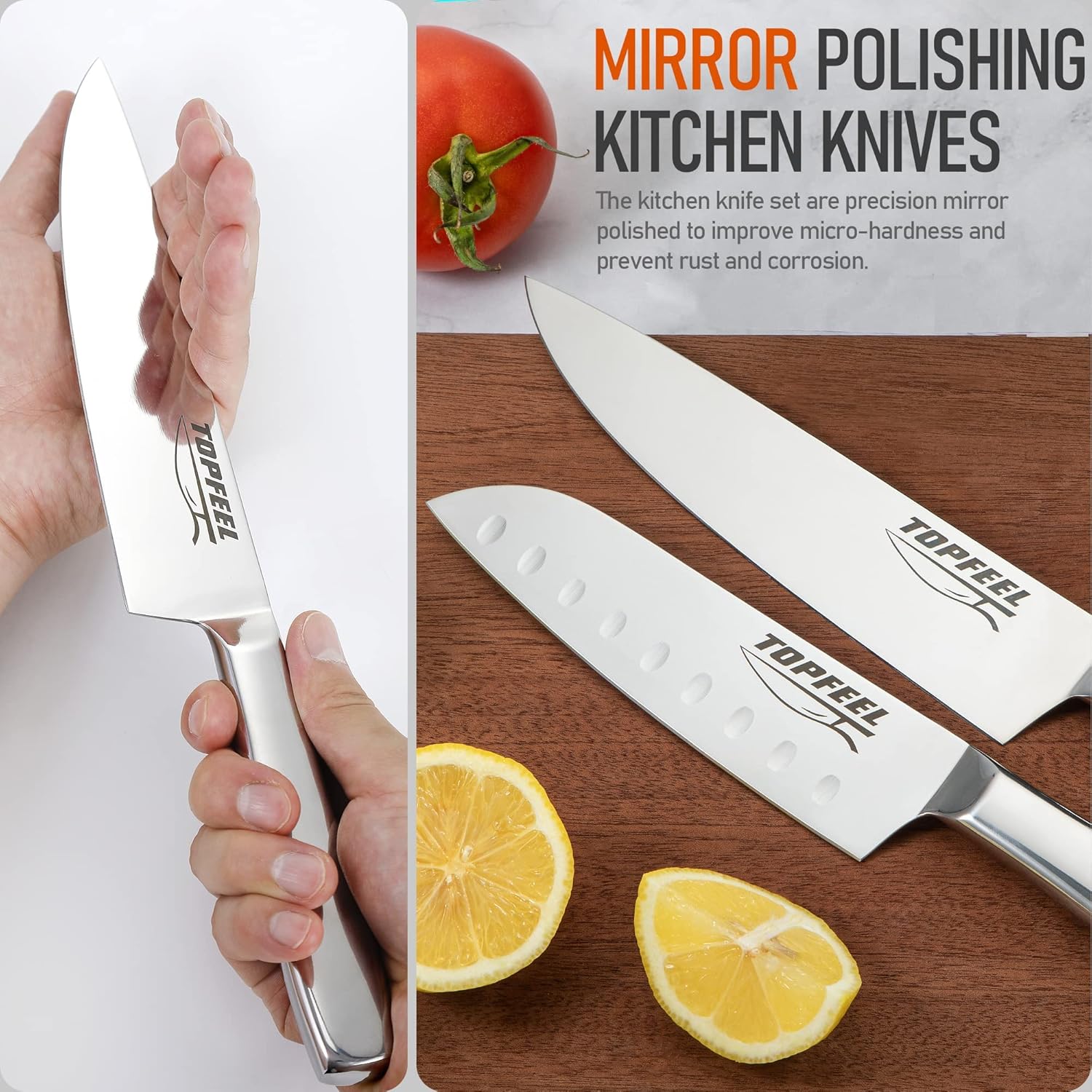 Topfeel Juego de cuchillos para cocina con bloque, juego de cuchillos afilados de 6 piezas, acero inoxidable pulido espejo de alto carbono, juego de