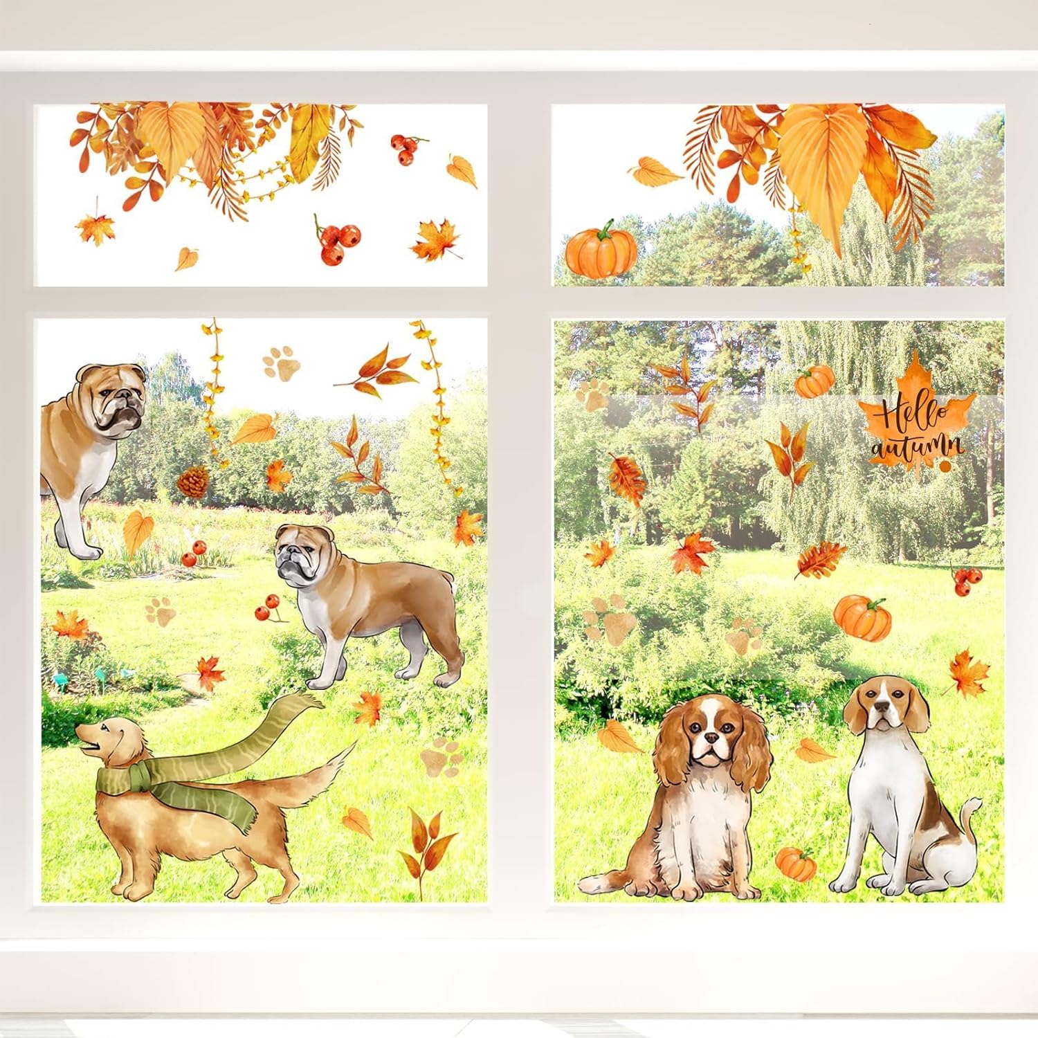 Calcomanías para ventana de otoño, Acción de Gracias, hojas de arce de otoño, hojas de arce, calcomanías de ventana de perros de cosecha de doble